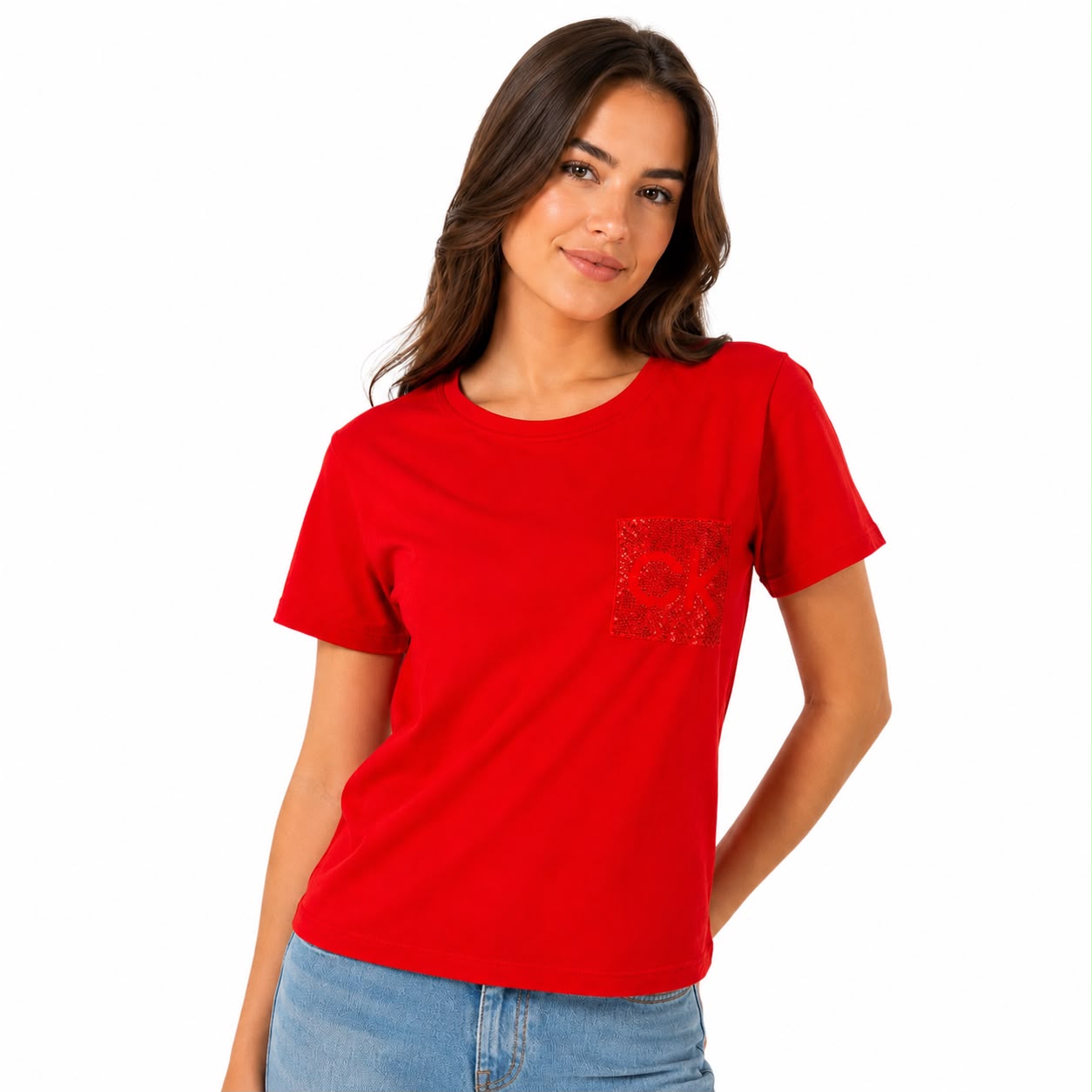 Calvin Klein red t-shirt features a patch pocket with tonal sequins