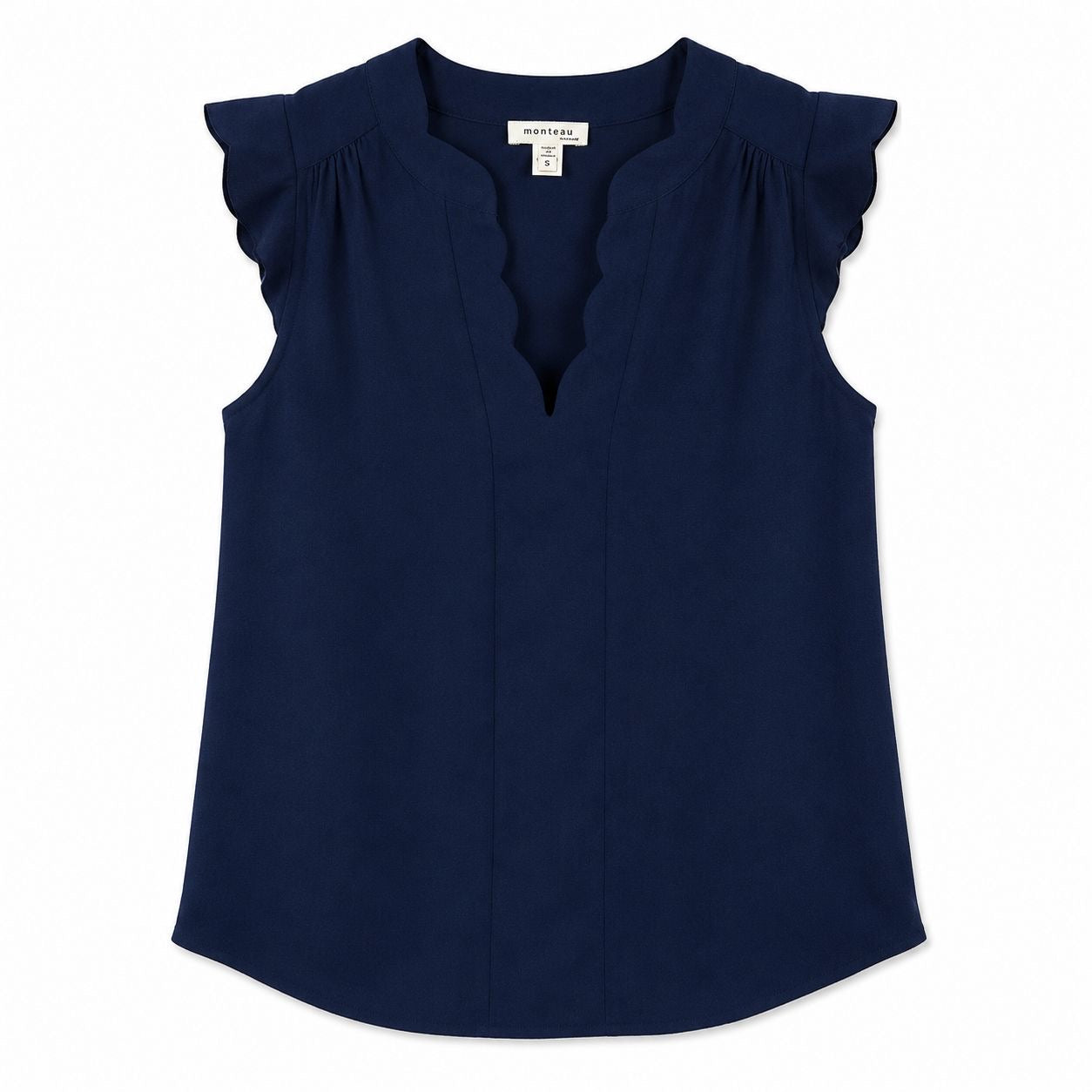Monteau navy blue blouse with scalloped V-neck