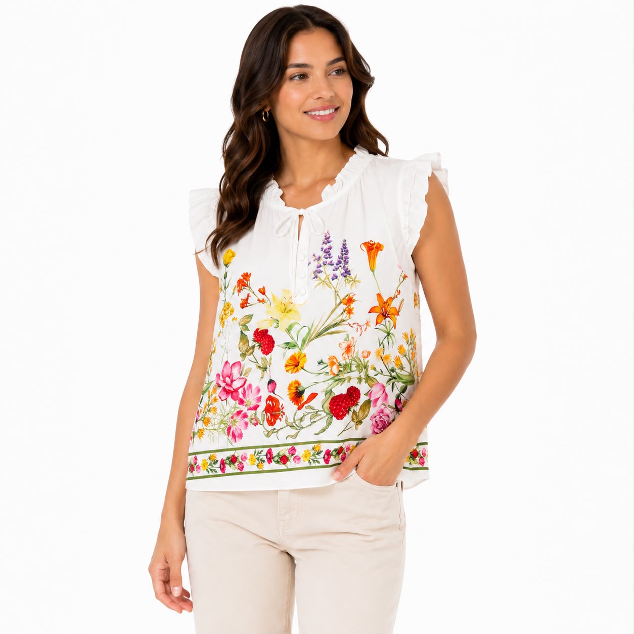 Bailey 44 white blouse features a vibrant multi-color floral print