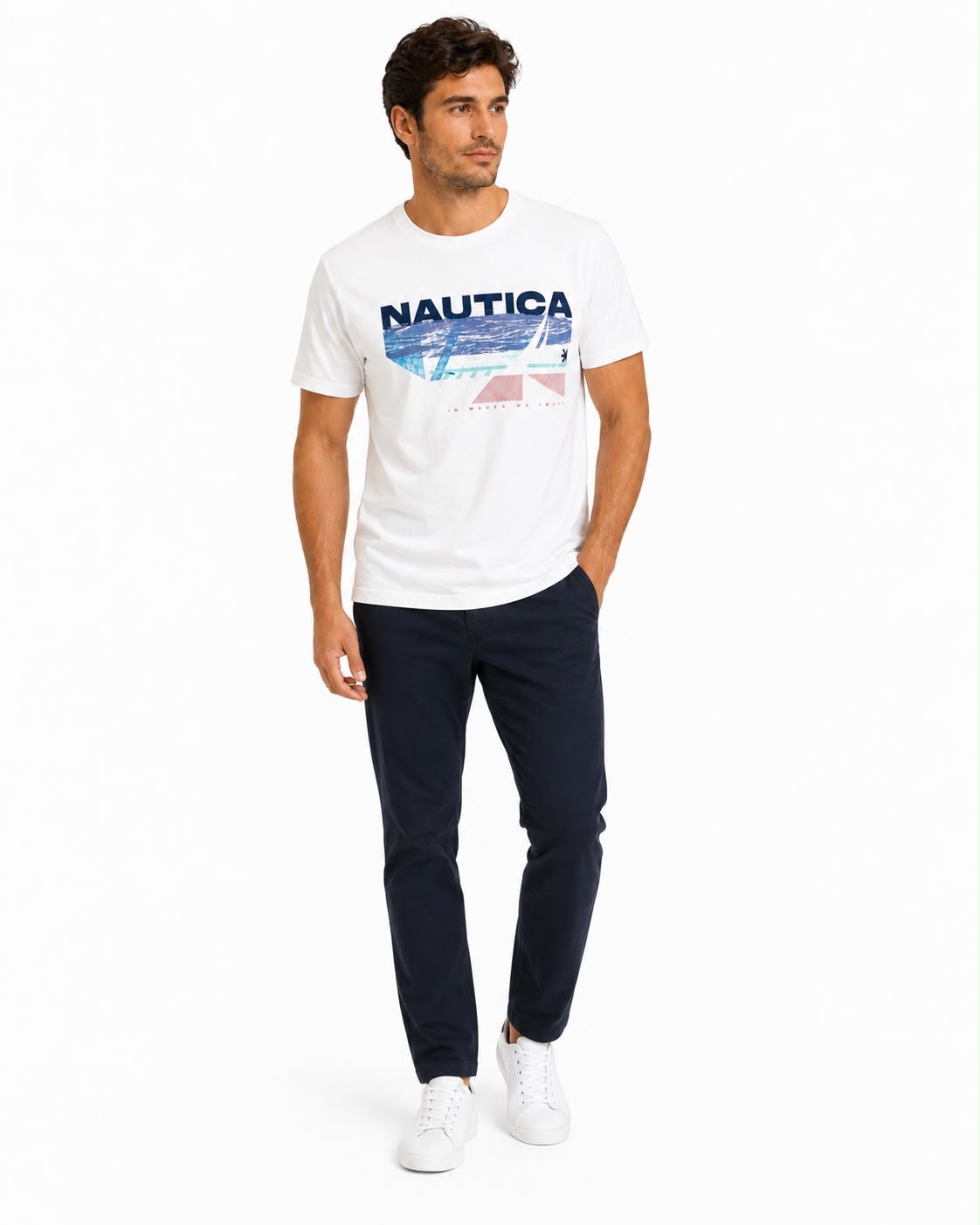 NAUTICA-White round neck t-shirt for men
