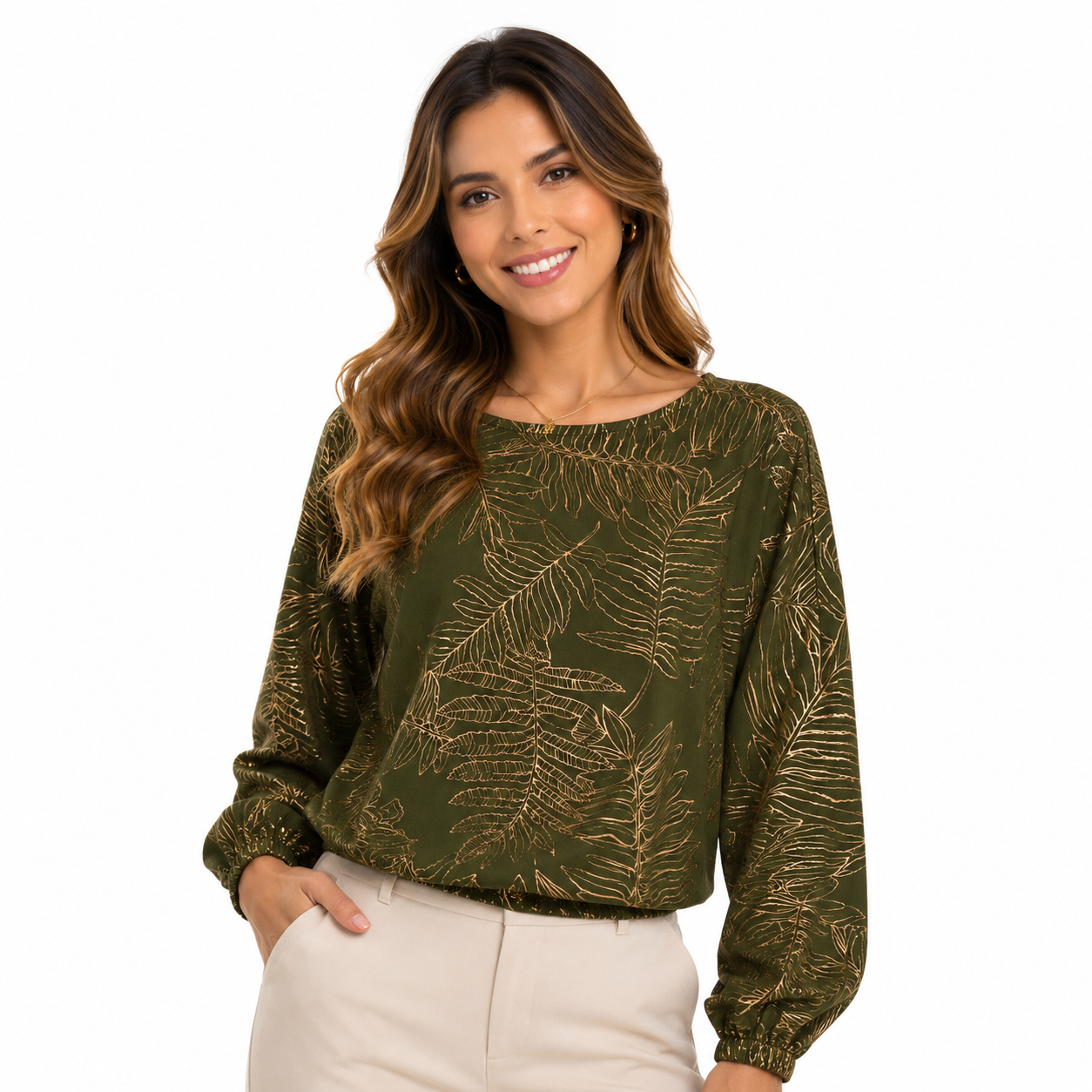 Kim & Cami brand olive green blouse has a botanical print of leaves in golden tone and an elastic hem