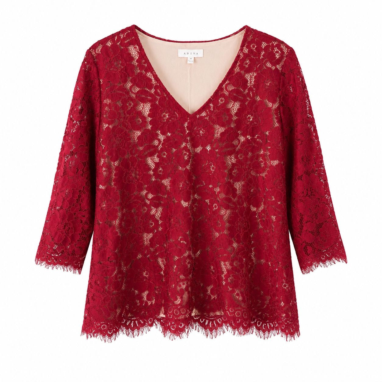 Adiva Red lace blouse with V-neck and beige lining