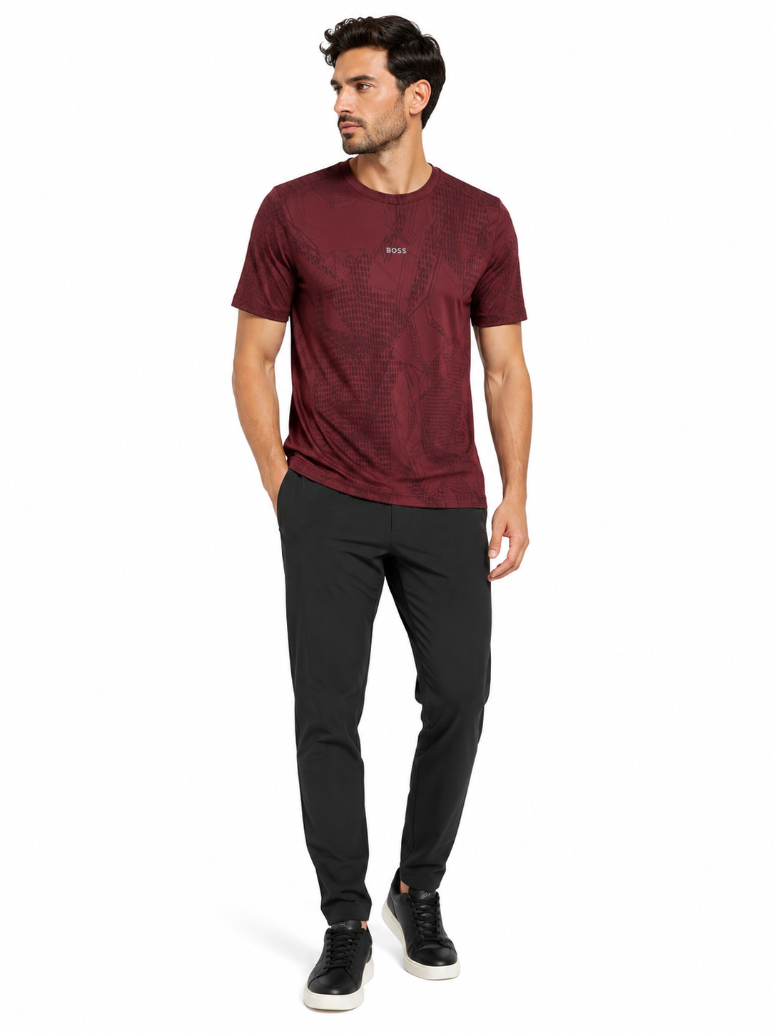 BOSS Tee Desert Active technical t-shirt in burgundy