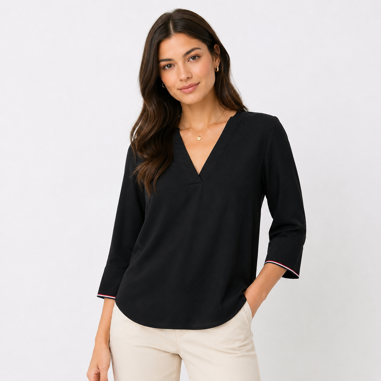 Tommy Hilfiger Solid V-Neck Pullover Top in black