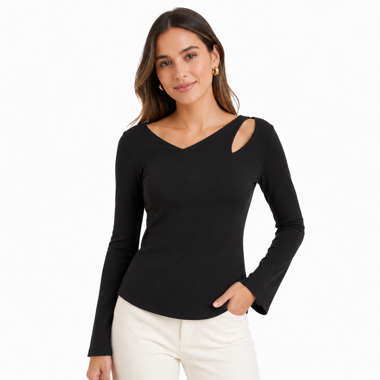 KAKTUS-Black long-sleeved blouse with an opening detail (cutout