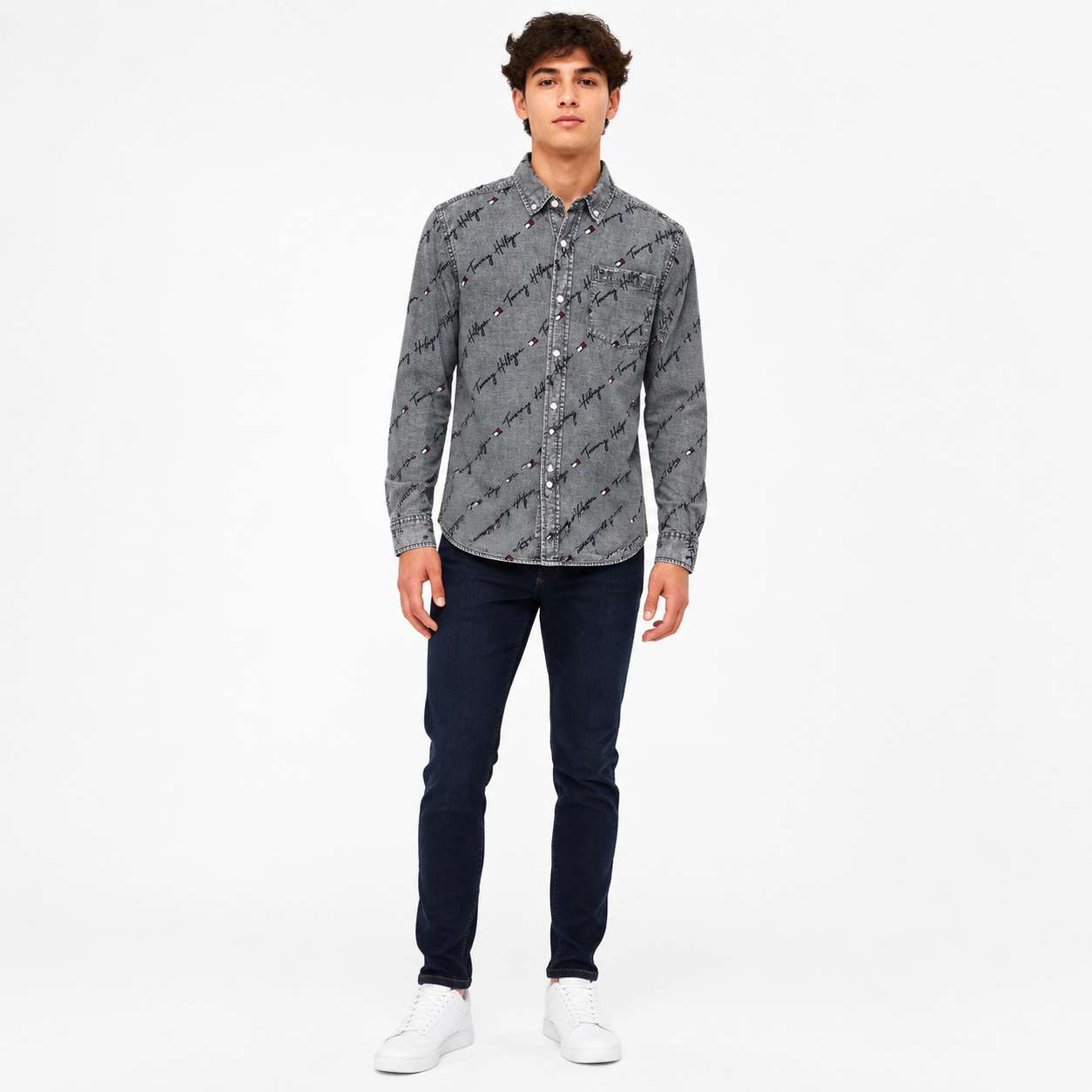 Tommy Hilfiger grey acid-wash denim button-down shirt