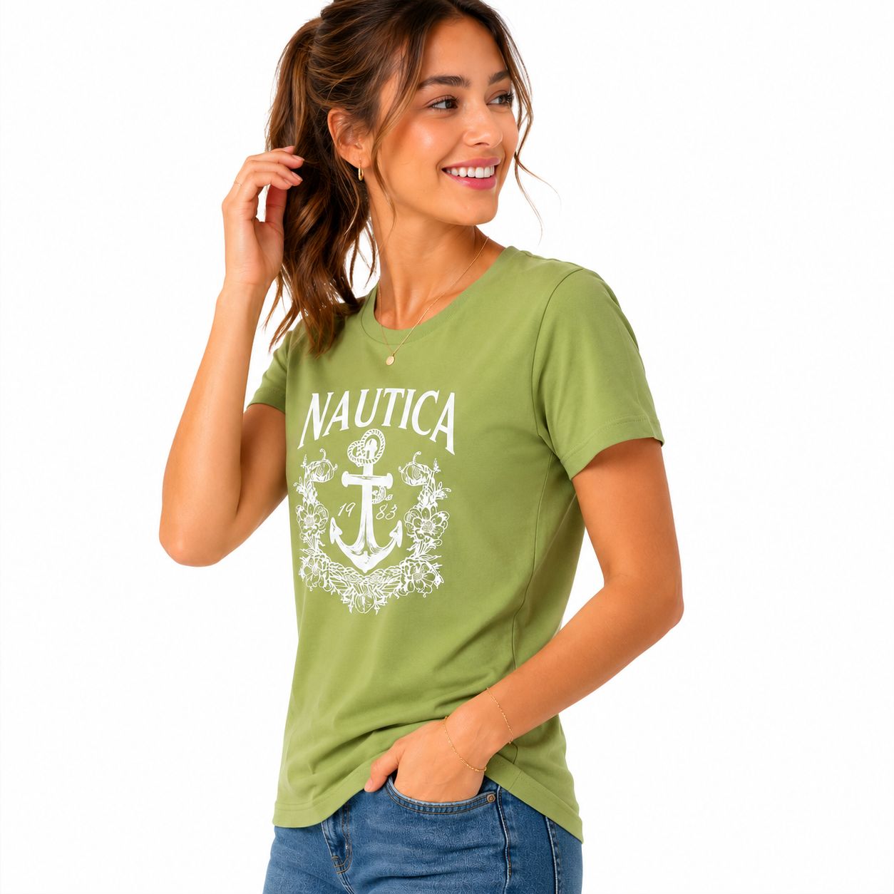 Nautica Floral Anchor Beaded Graphic T-Shirt