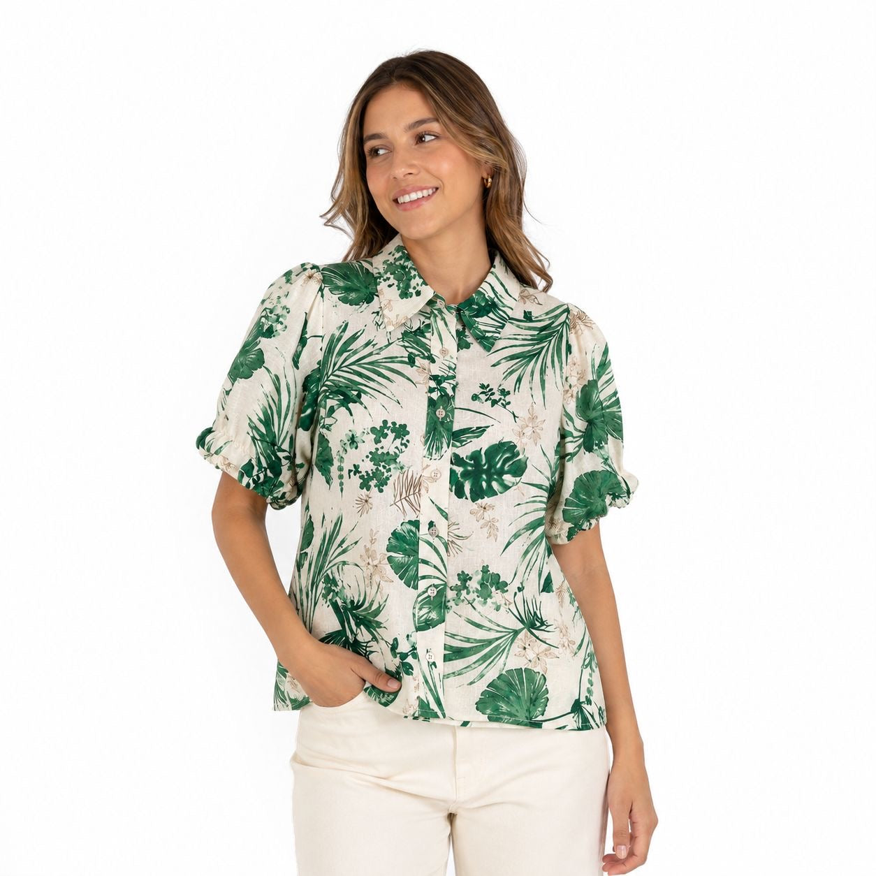 Chenault Shirt blouse with a vibrant tropical print