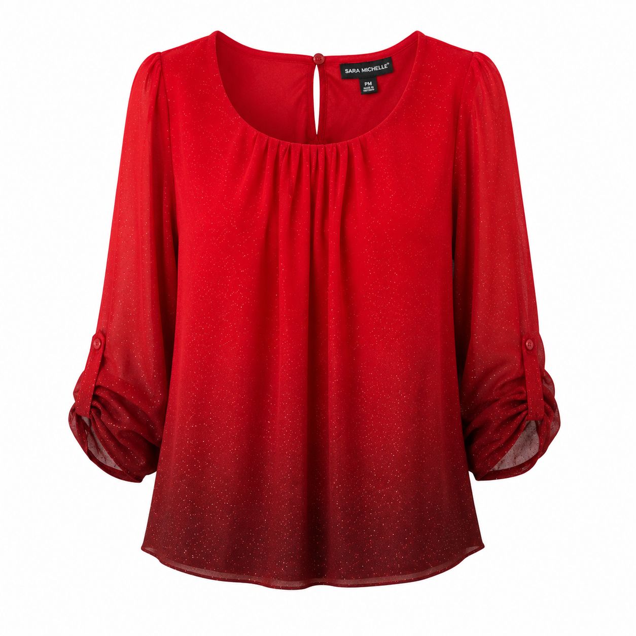 Sara Michelle women's red blouse with bright ombre effect and gathered three-quarter sleeves