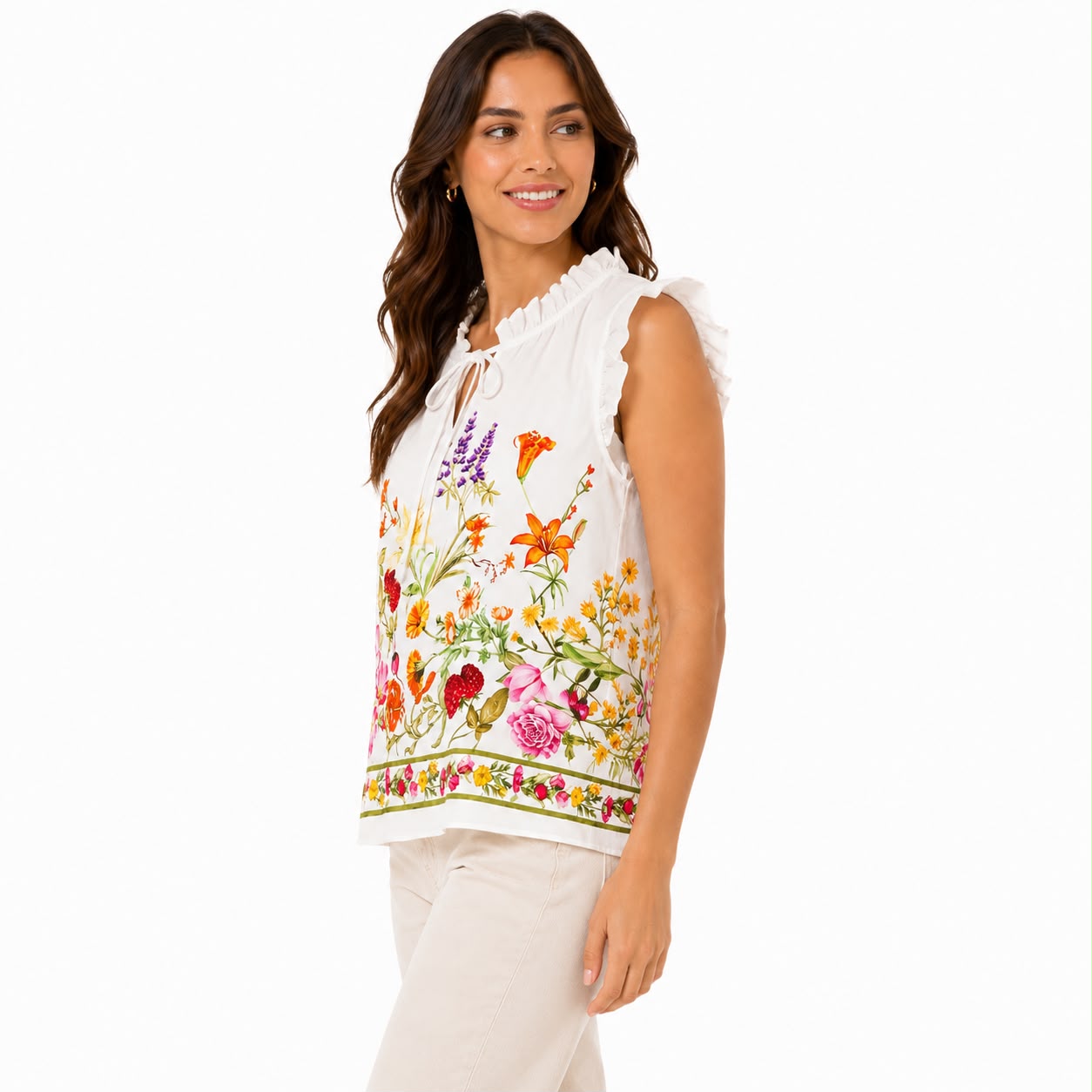Bailey 44 white blouse features a vibrant multi-color floral print