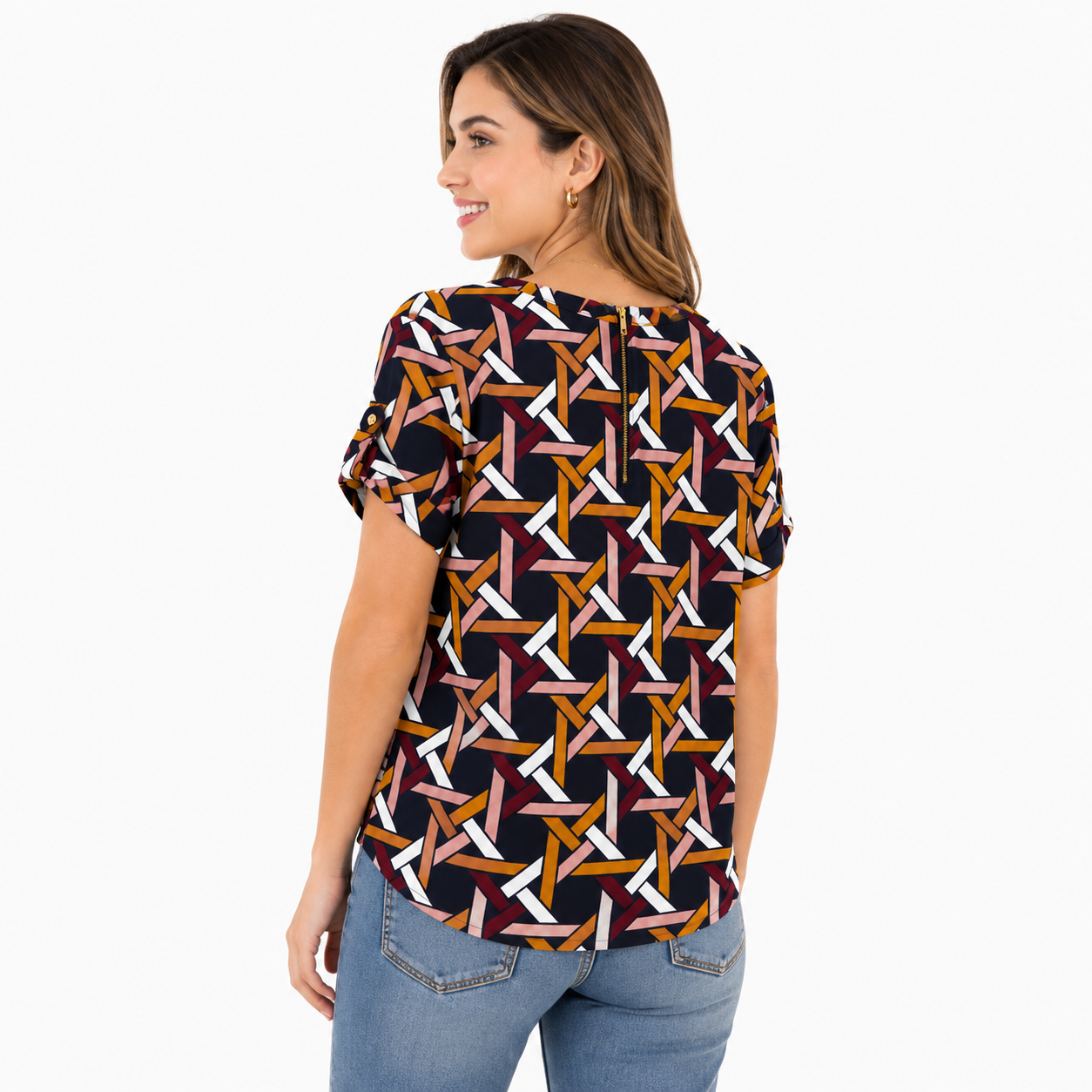 50th Street blouse has a multicolored geometric design