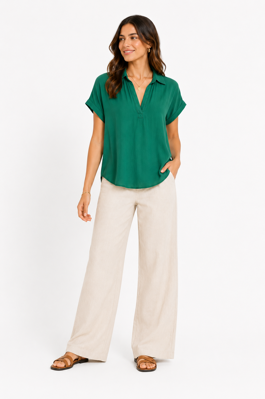 RACHEL ROY- GreenShirt- Sleeved Blouse, With V-Neck