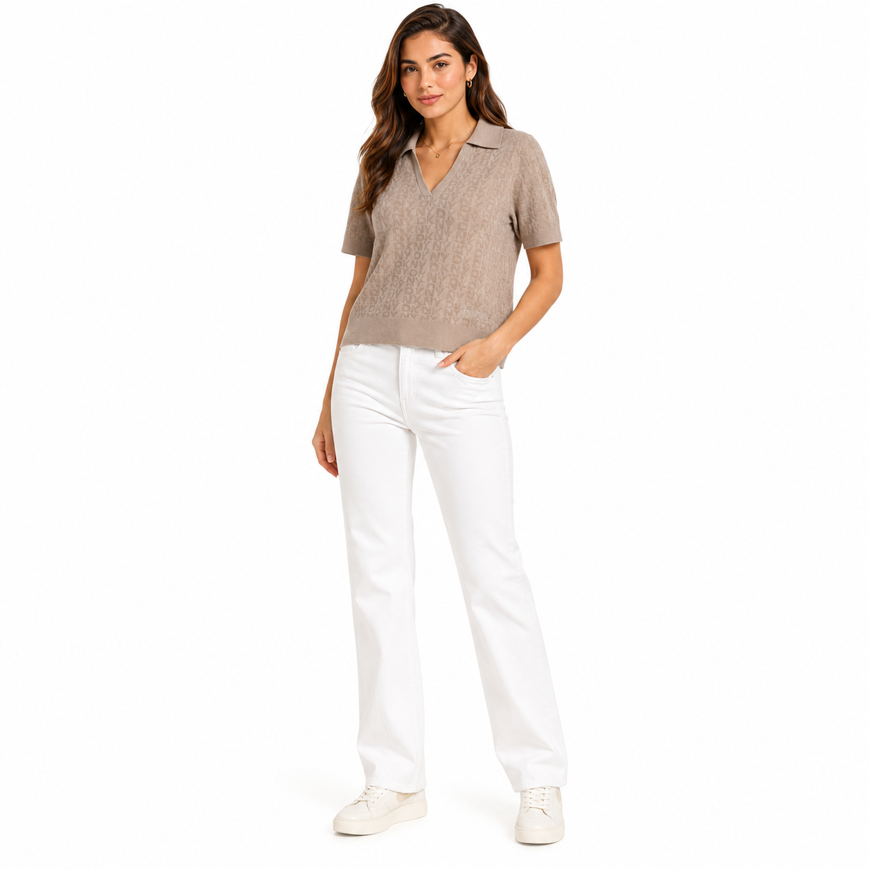 DKNY JEANS Polo sweater in beige with a jacquard design