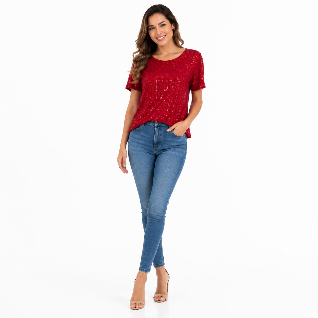 Carolyn Taylor brand shiny sequin red blouse