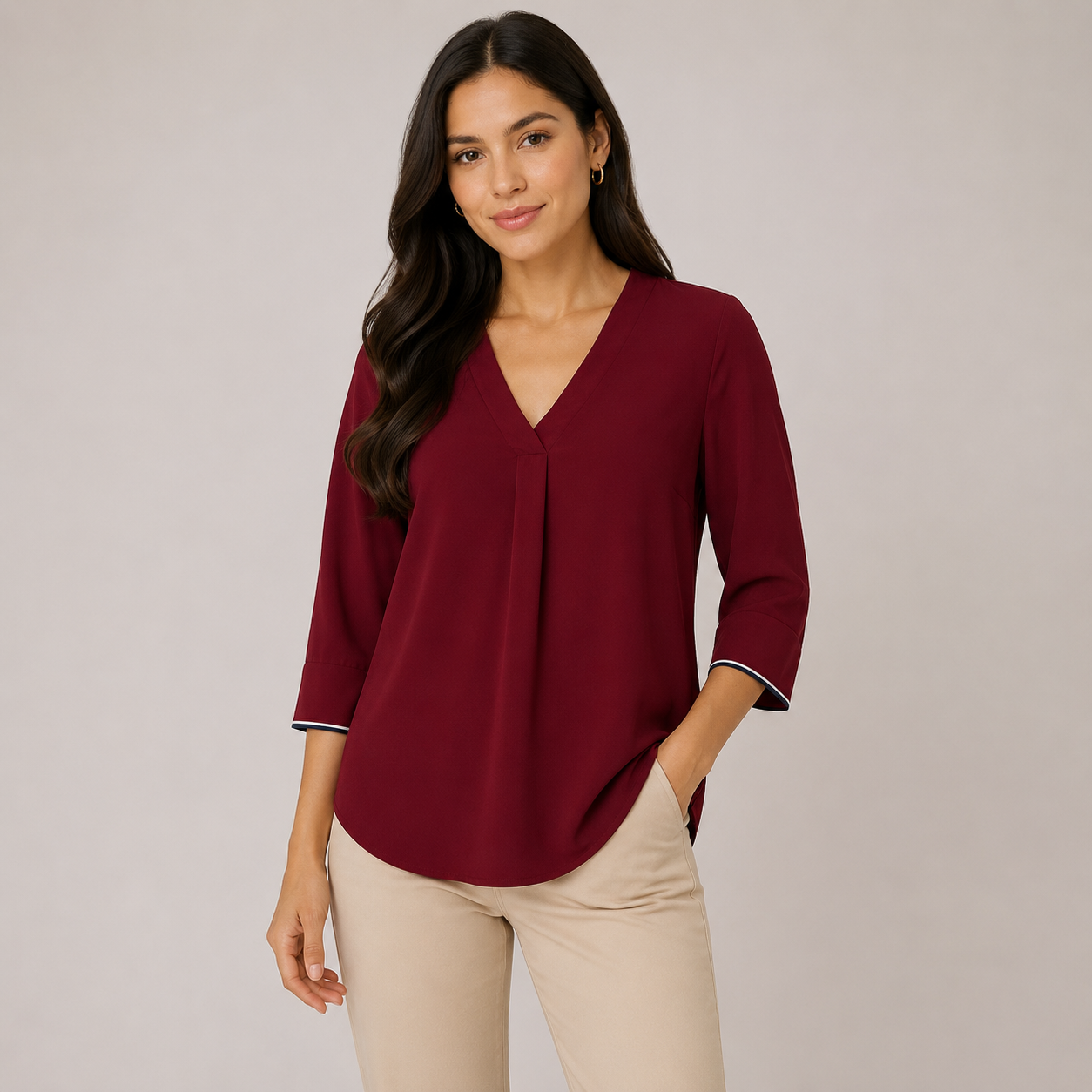 Tommy Hilfiger wine-colored blouse with V-neck and striped details on the cuffs.