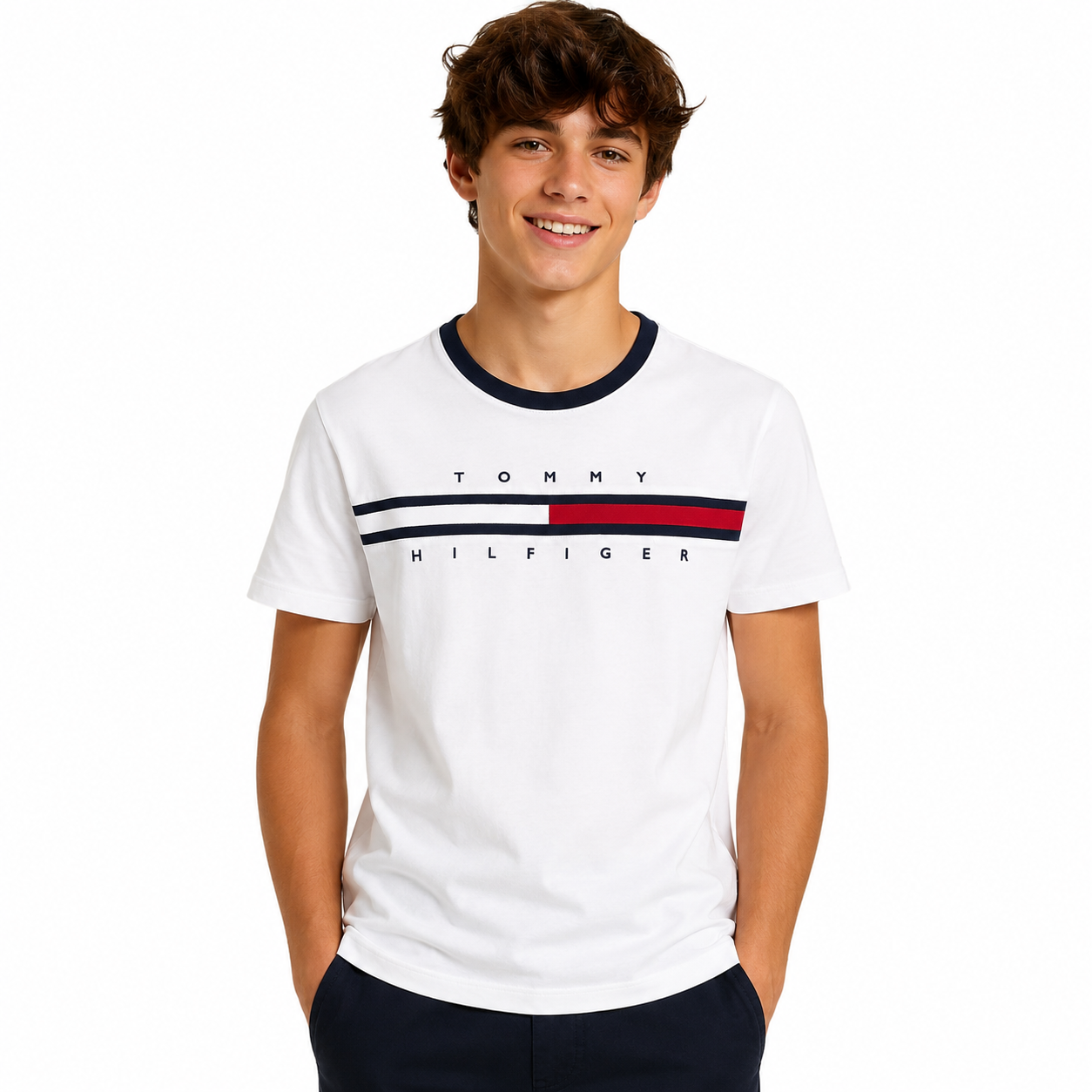 TOMMY HILFIGER-Embroidered Flag Logo T-Shirt