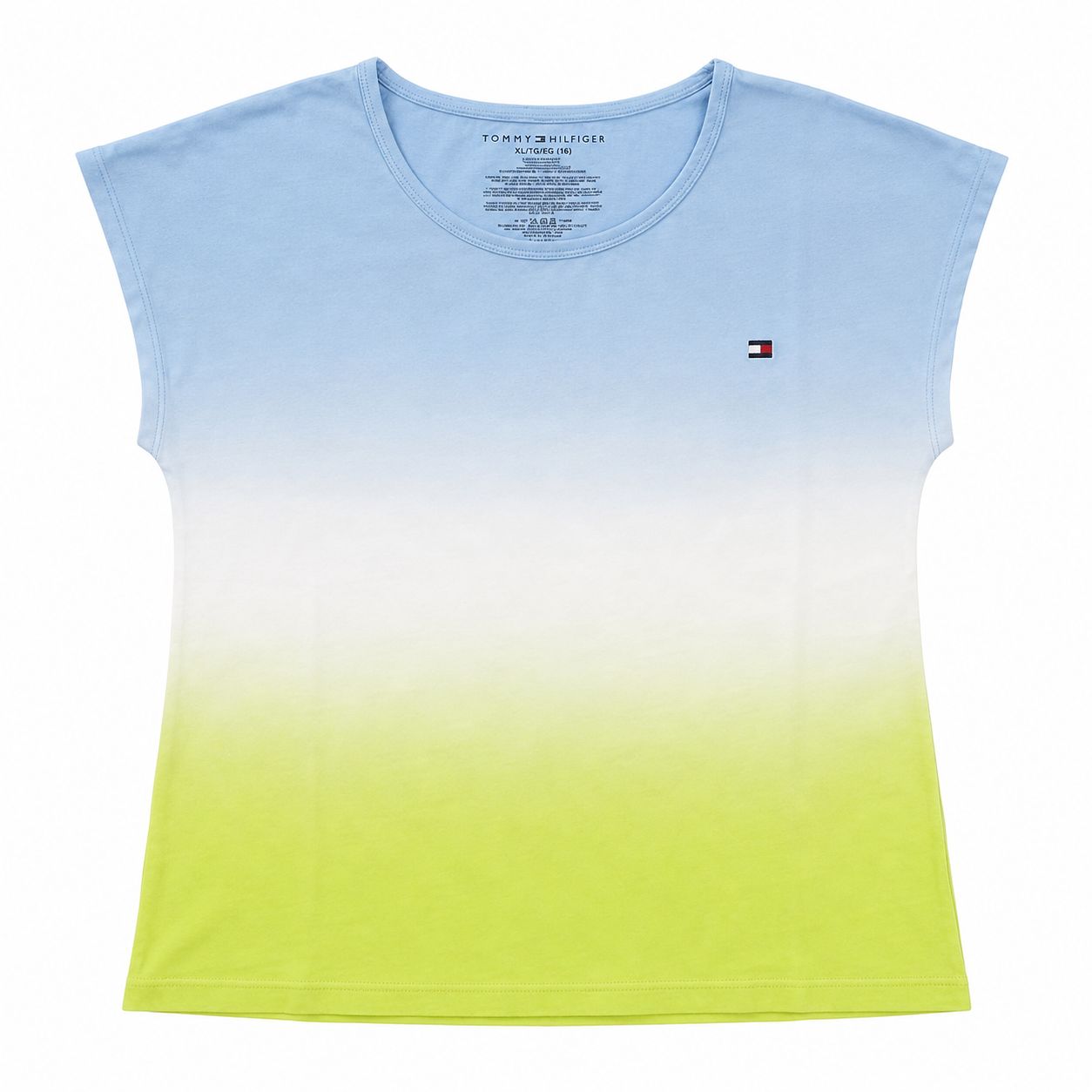 Tommy Hilfiger t-shirt features a gradient from blue to citronella yellow