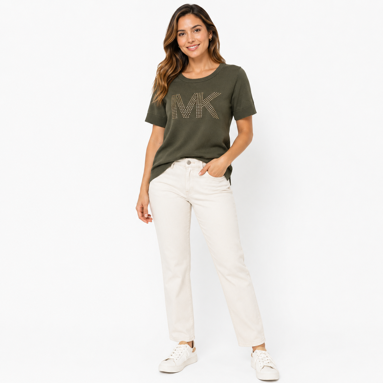 Michael Kors Women's Army Green Gold Studded Logo Top T-Shirt