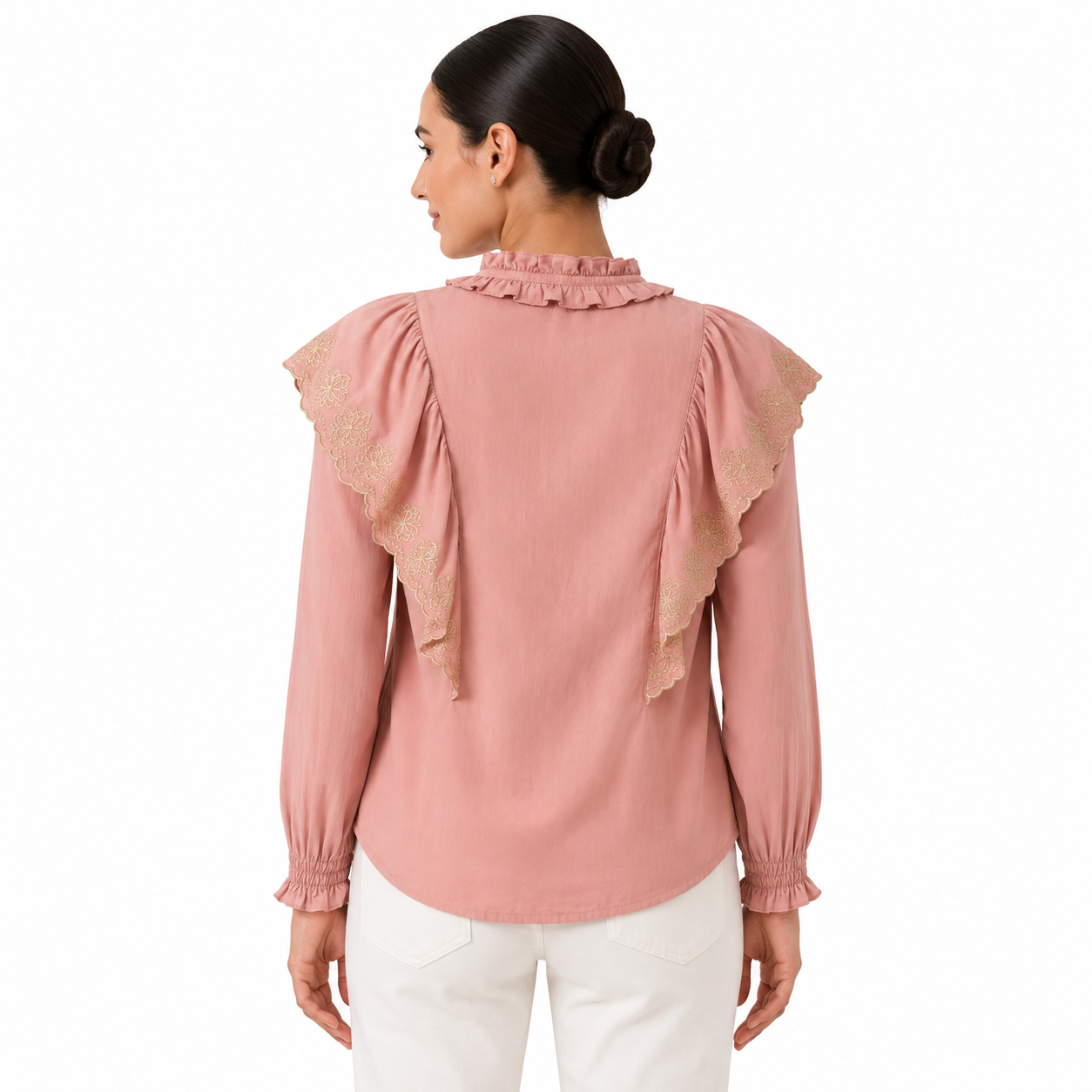 VERSONA-Romantic blouse with ruffles and floral embroidery