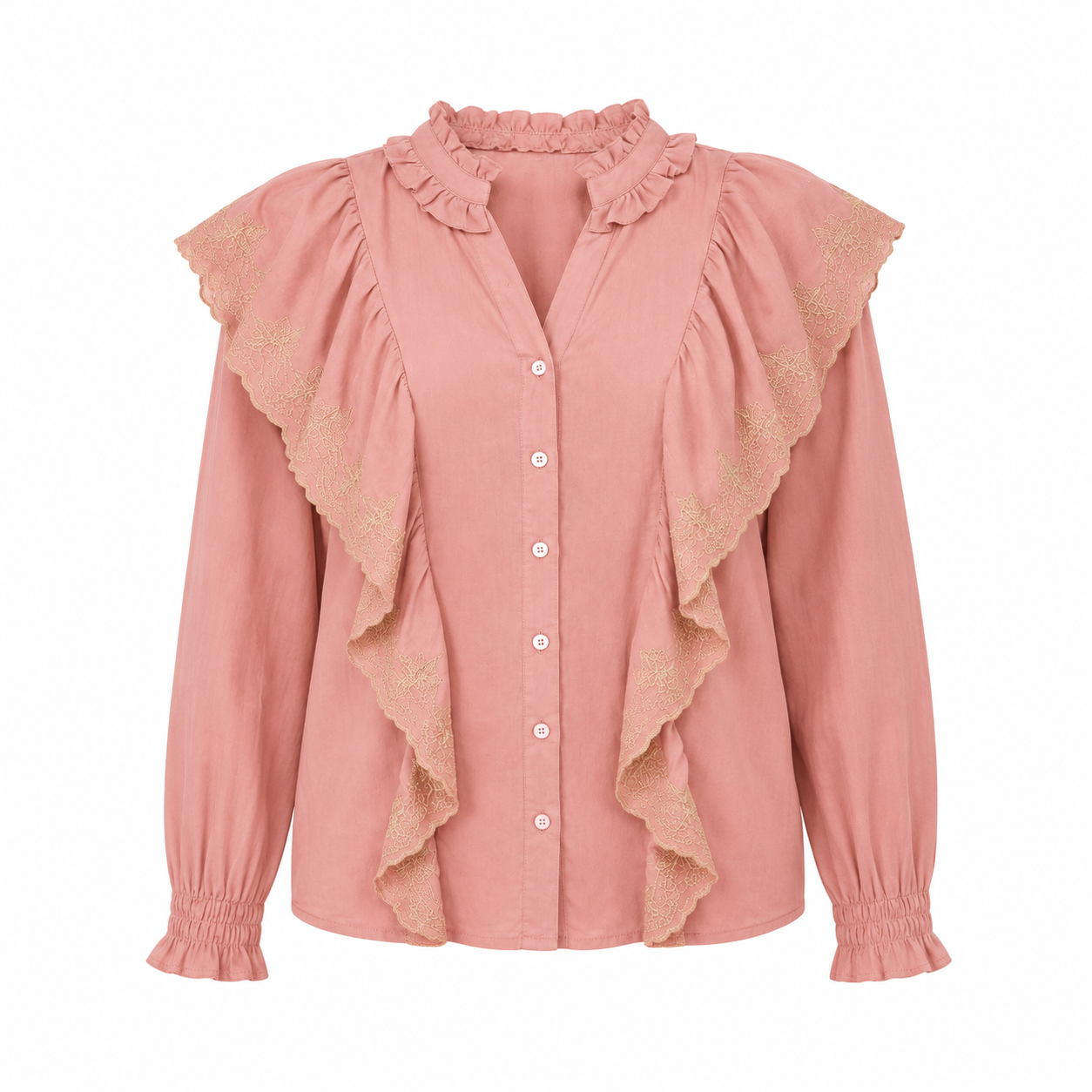 VERSONA-Romantic blouse with ruffles and floral embroidery