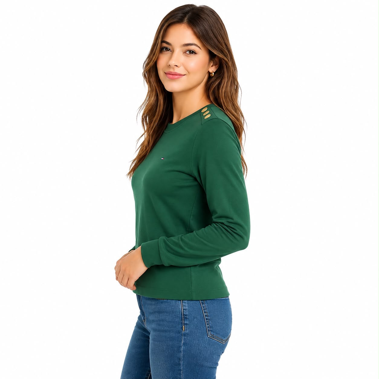 TOMMY HILFIGER-Gold-Button Crewneck T-Shirt