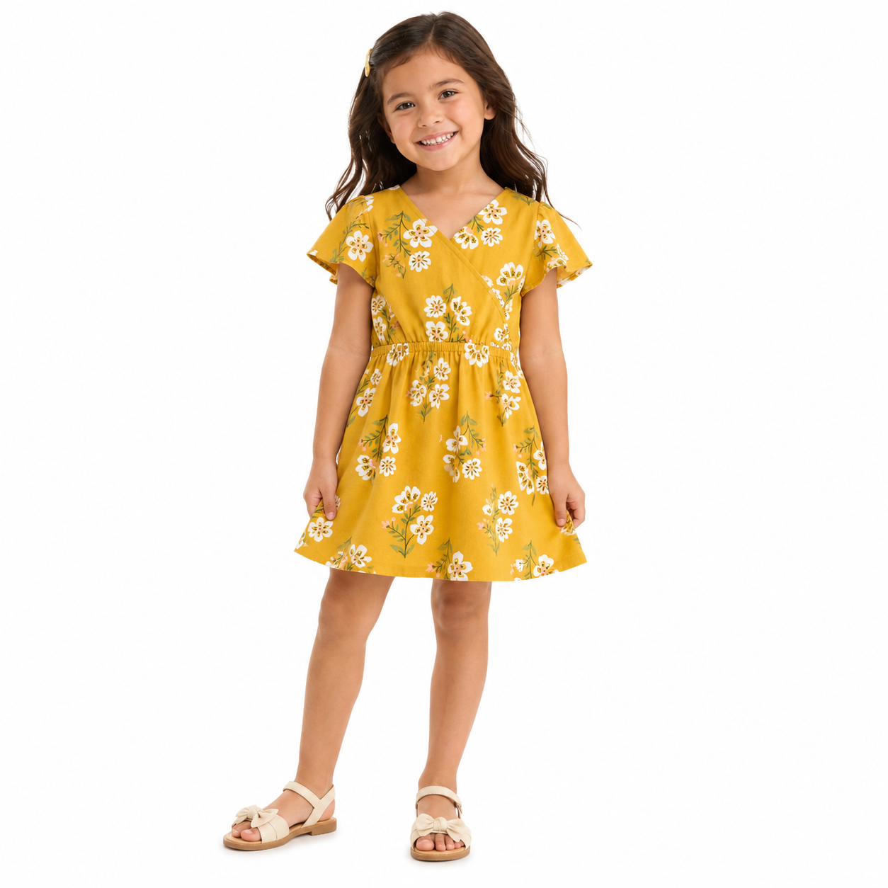CARTER’S-Linen dress with floral print in mustard yellow for girl
