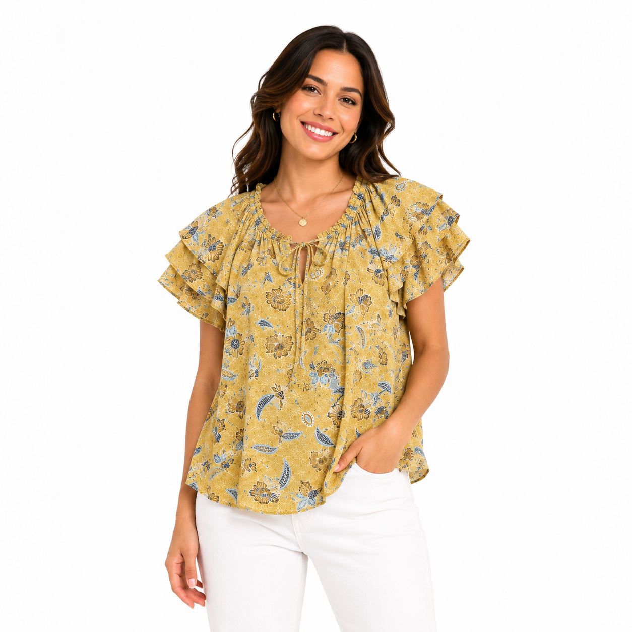 Joie blouse yellow with floral print, gathered collar with bows