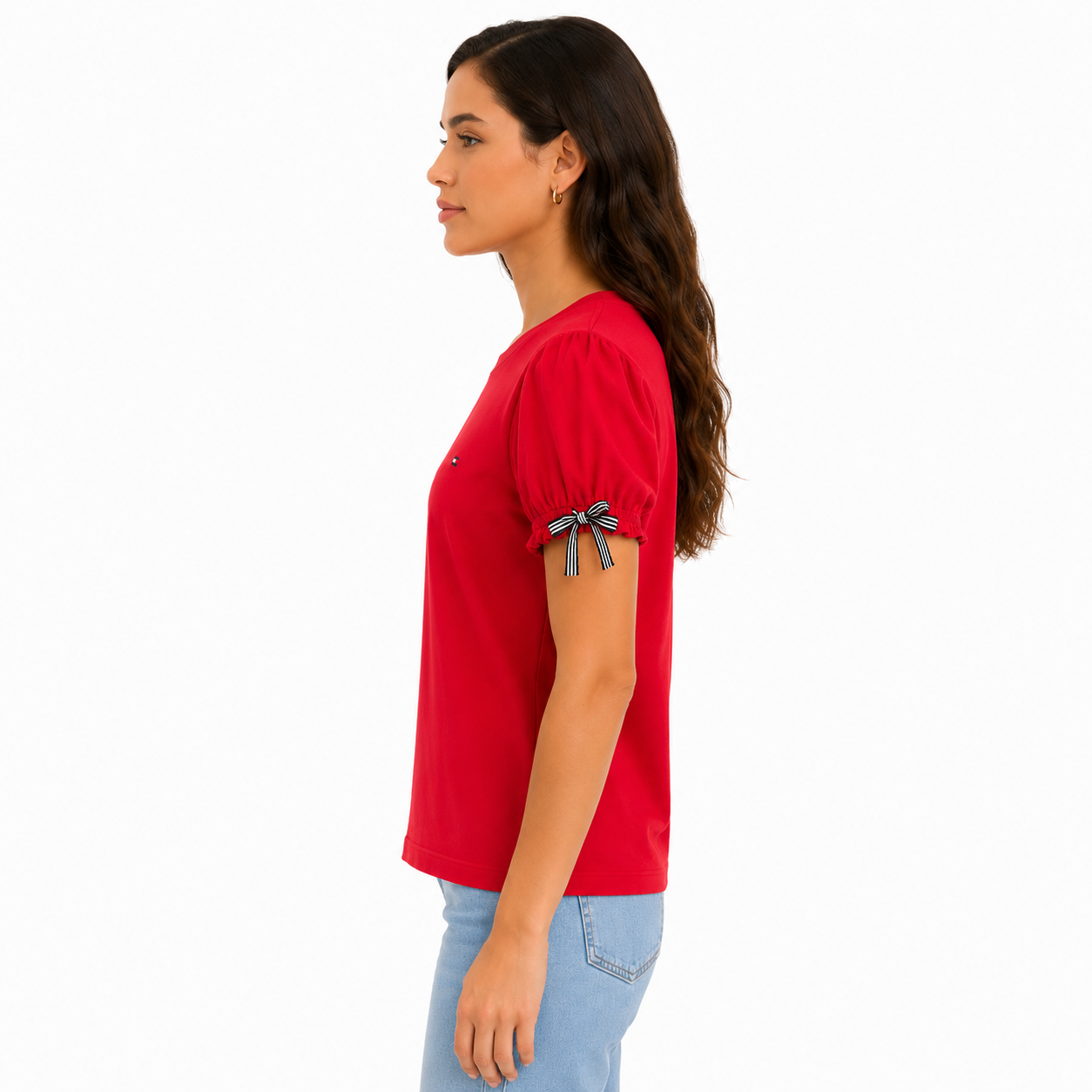 Tommy Hilfiger red t-shirt features puffy sleeves with striped bows