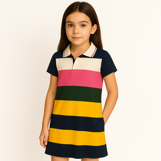 Tommy Hilfiger Girls' Rainbow Stripe Polo Shirt Short Sleeve Summer Spring Dress
