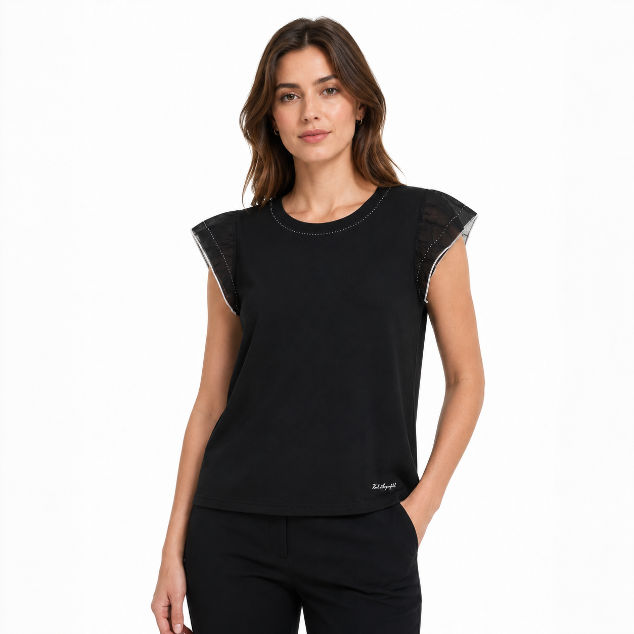 KARL LAGERFELD-Black round neck blouse with ruffle sleeves (ruffle-sleeve)
