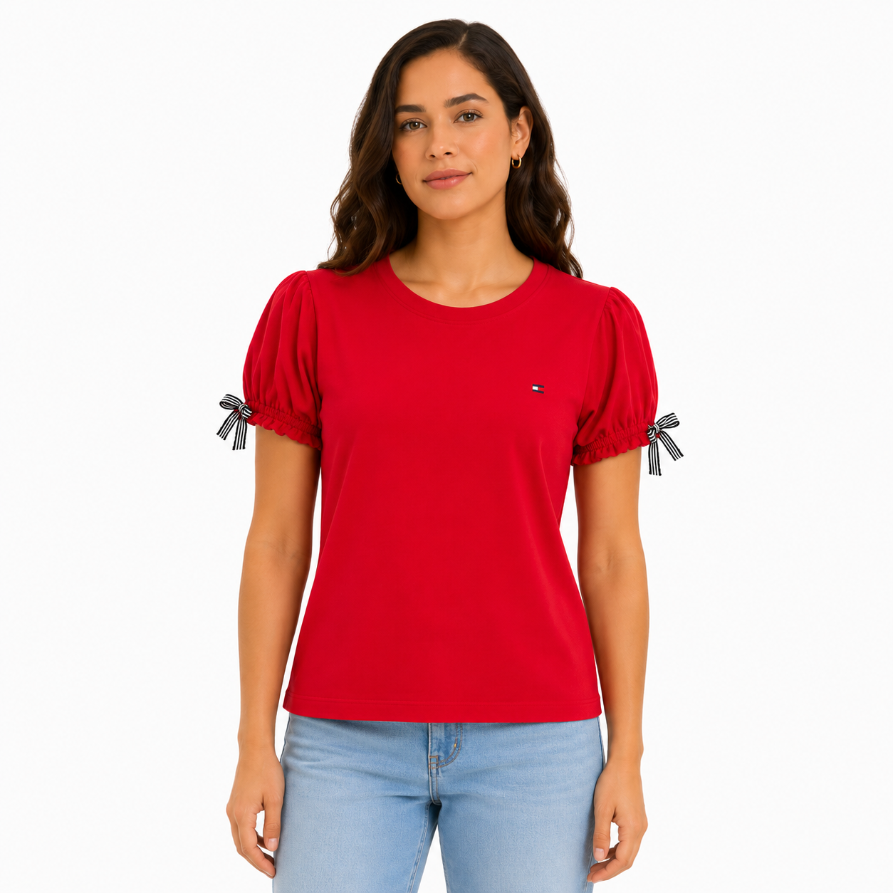 Tommy Hilfiger red t-shirt features puffy sleeves with striped bows