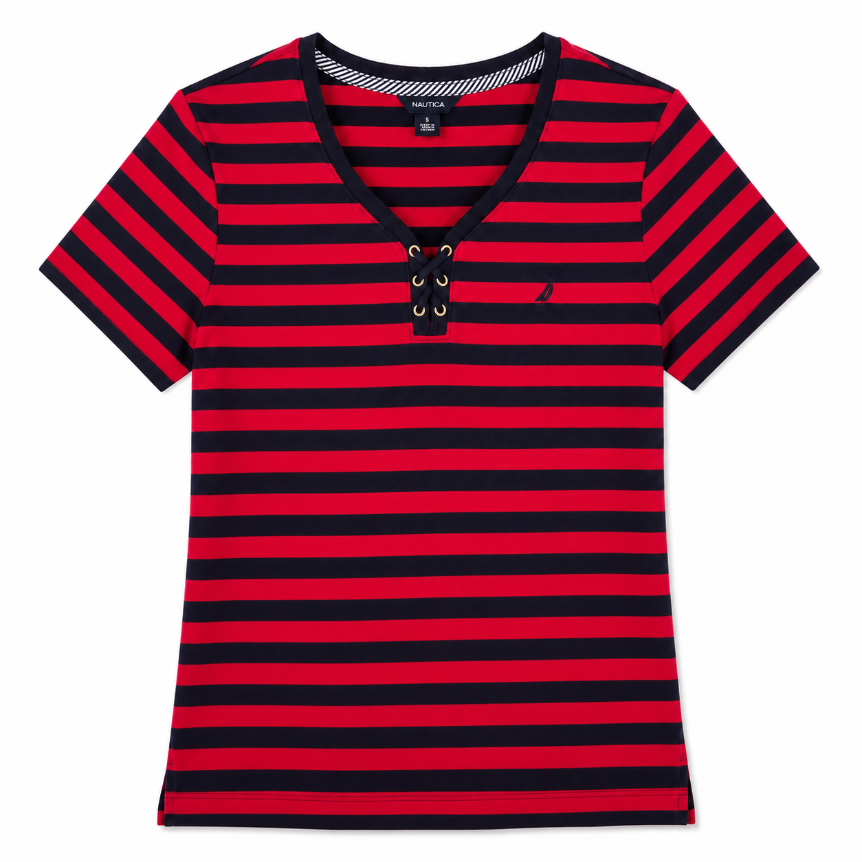 Nautica women's t-shirt features a red and navy blue striped design