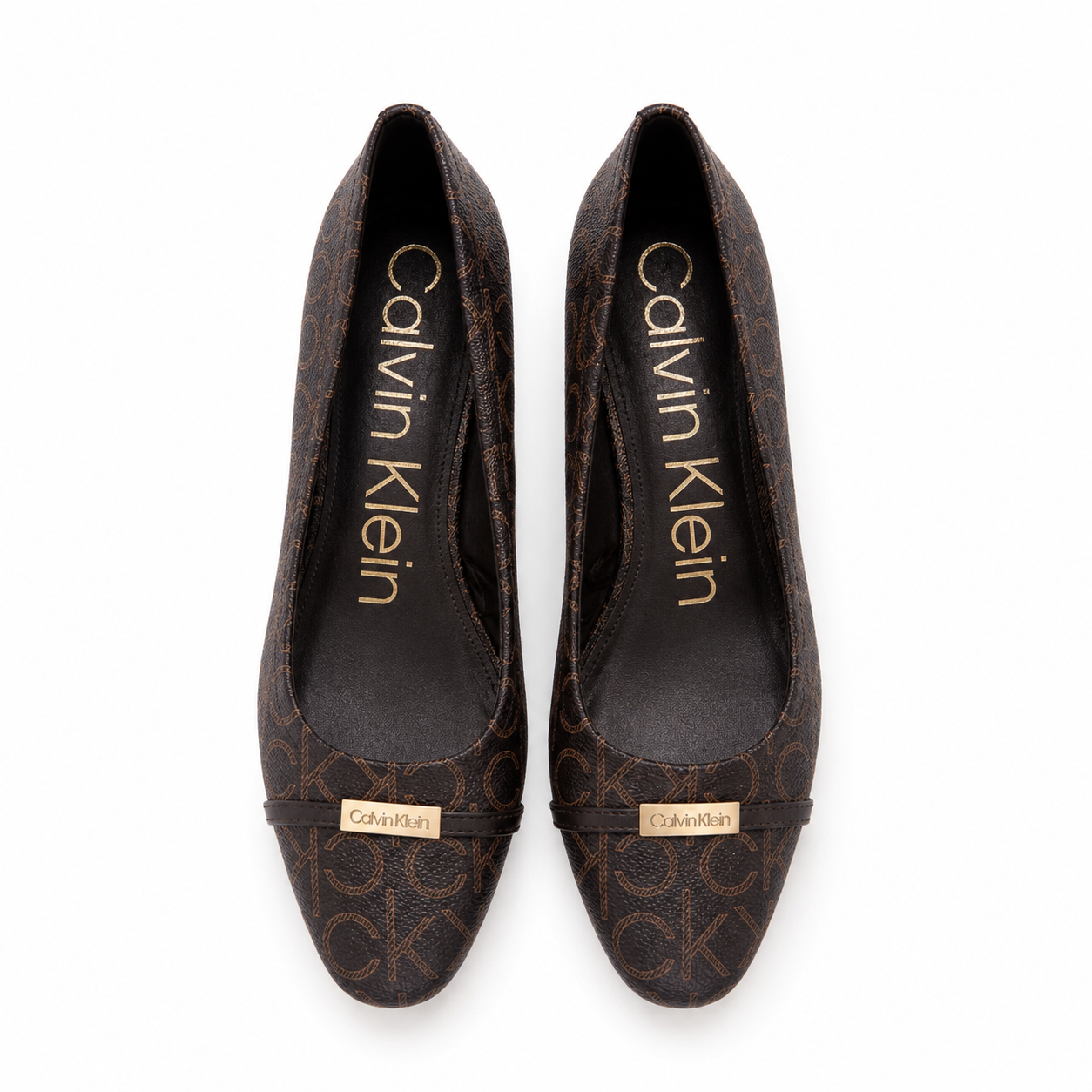 Calvin Klein Unesta block heel pumps in a brown monogram patter