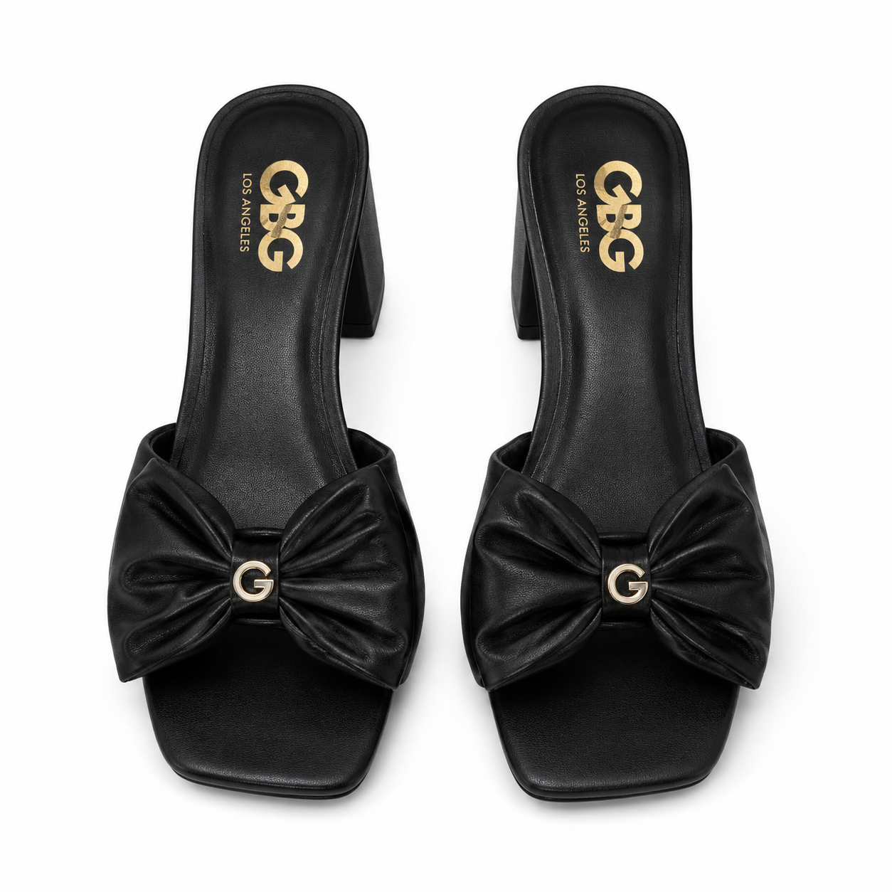 GBG Los Angeles Thick Heeled Bun Detail Black Heel Sandals