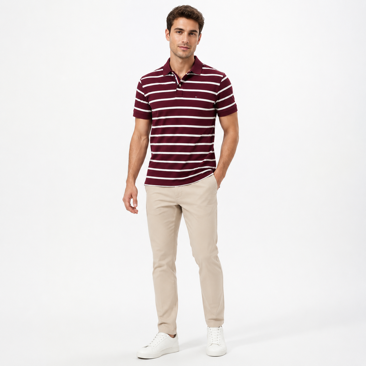 Tommy Hilfiger burgundy cotton regular fit striped polo t-shirt