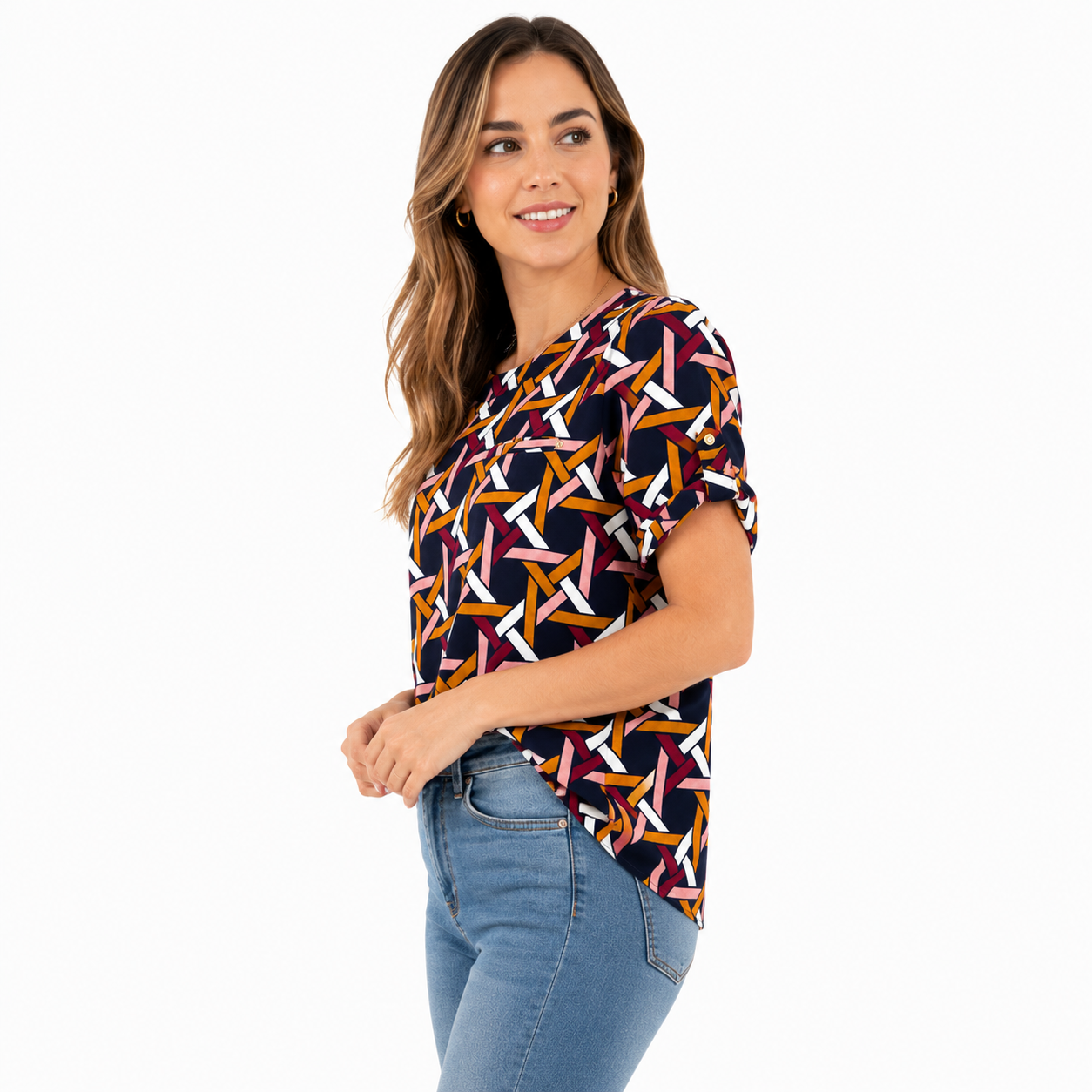 50th Street blouse has a multicolored geometric design
