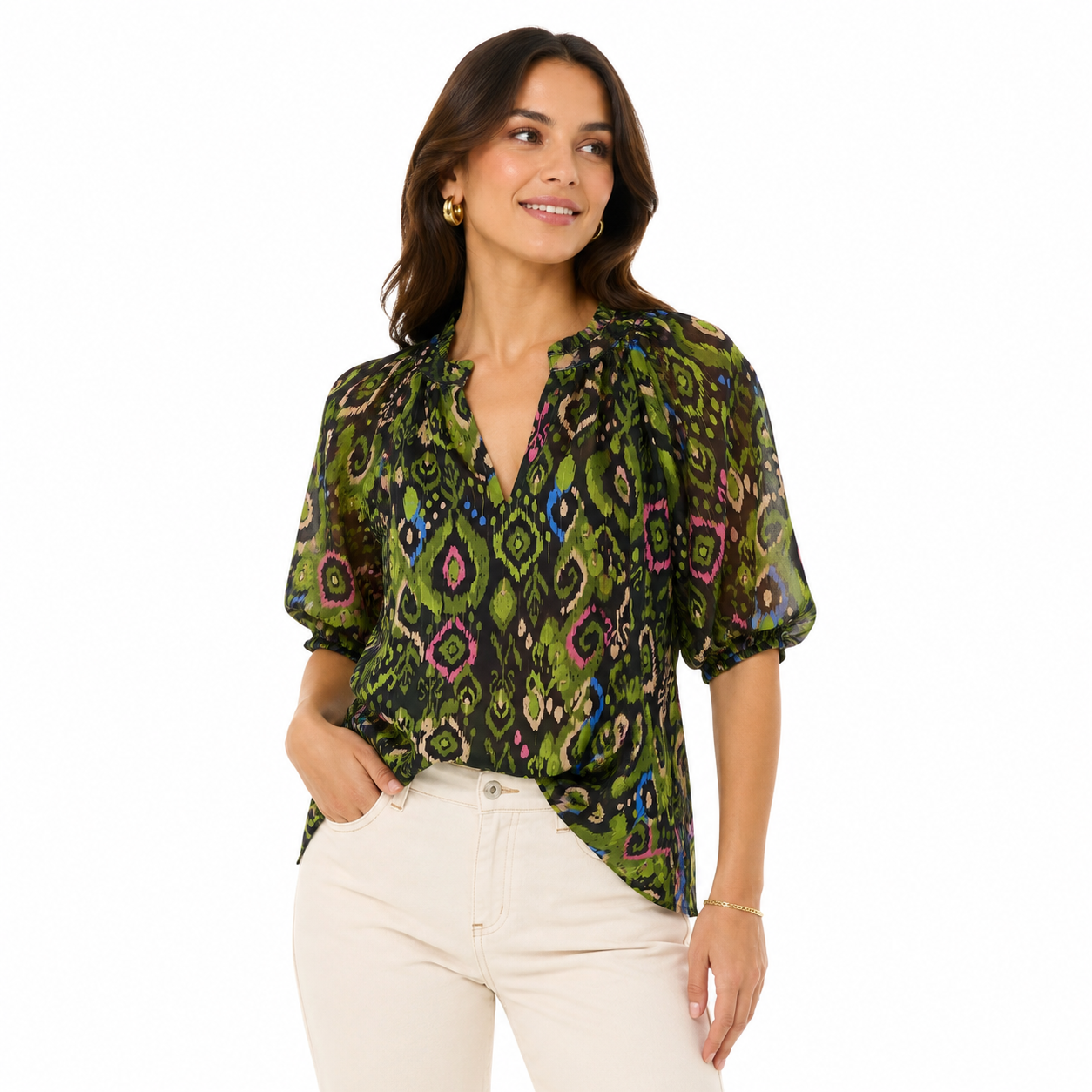 Philosophy blouse features a vibrant geometric design and puffy short sleeves