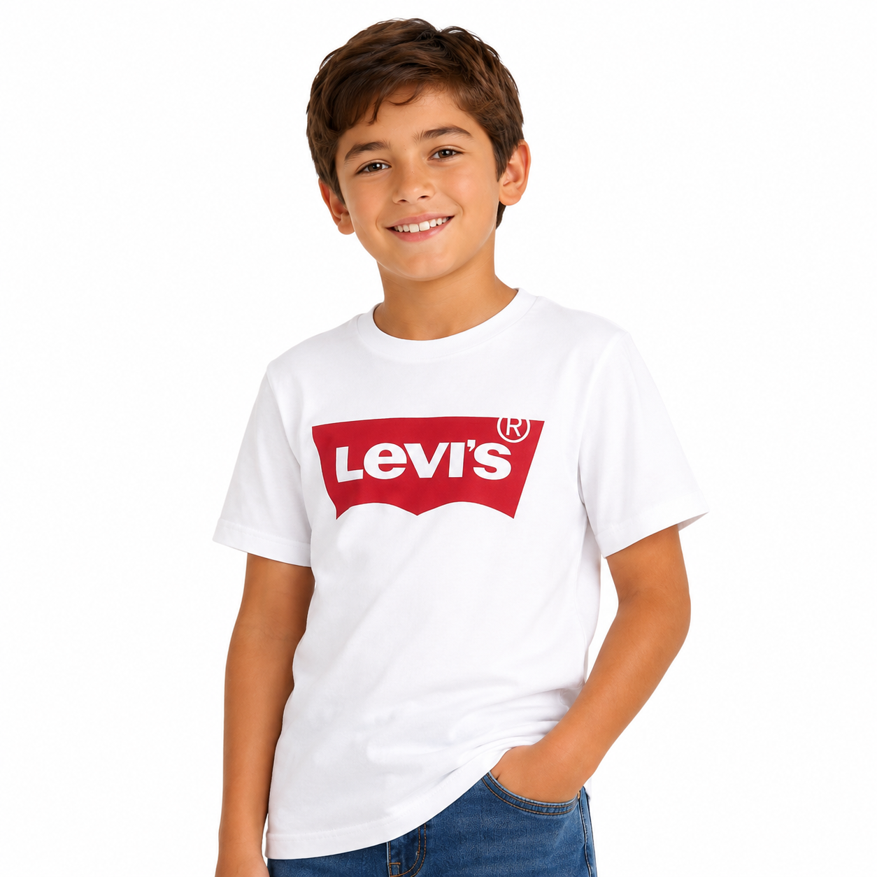 Levi's white short-sleeved t-shirt with the Batwing logo in red