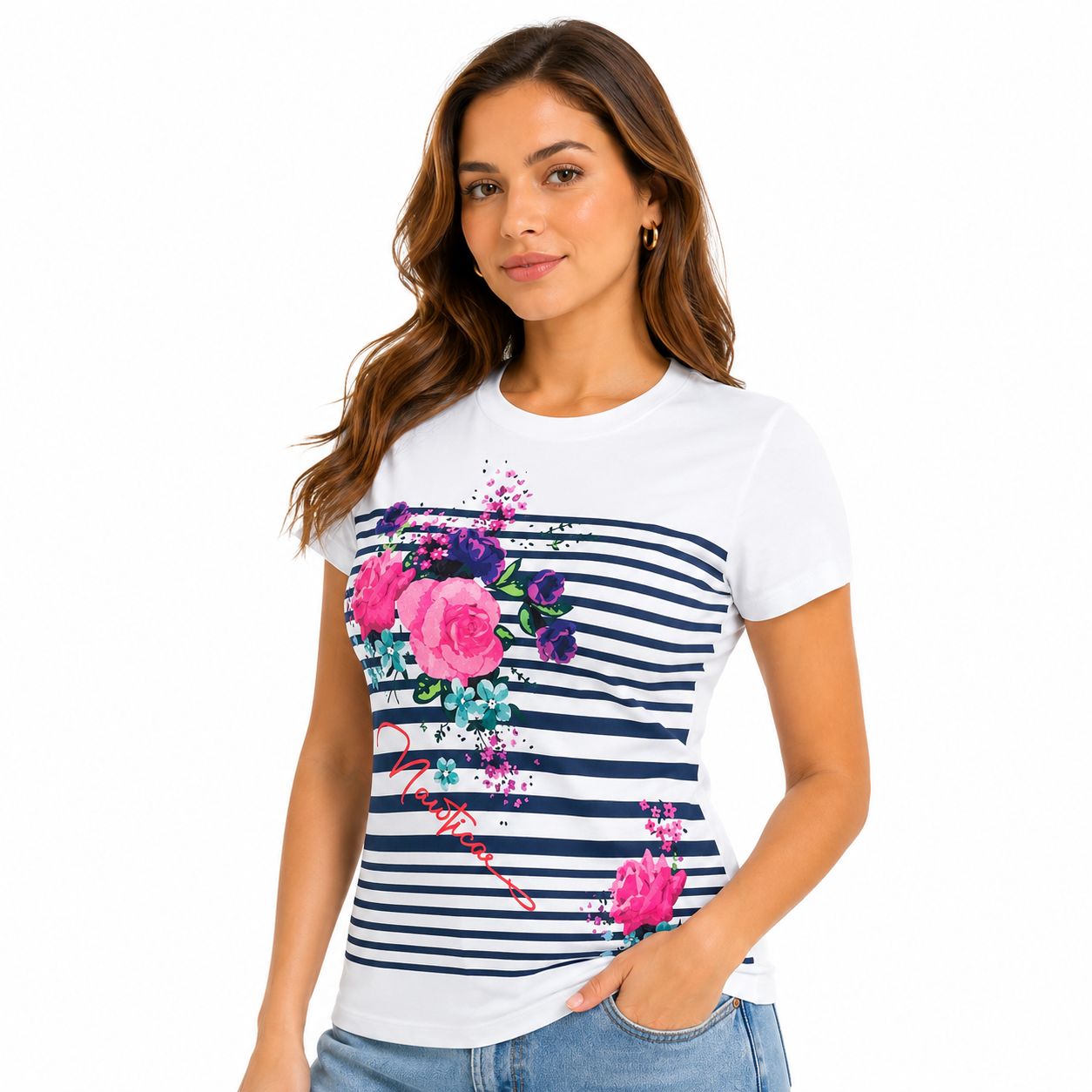 Nautica Striped Flowers Graphic T-Shirt