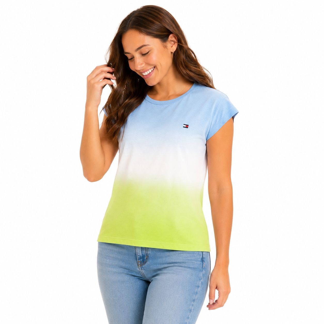 Tommy Hilfiger t-shirt features a gradient from blue to citronella yellow