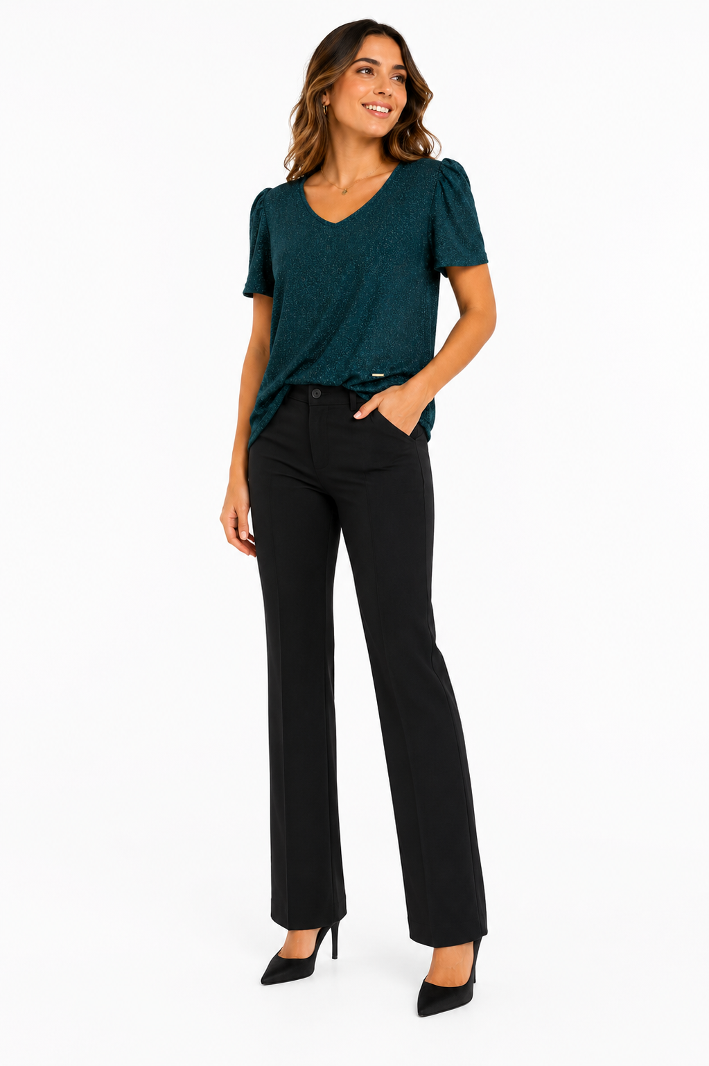 Anne Klein blouse is emerald green with a shiny sequin finish
