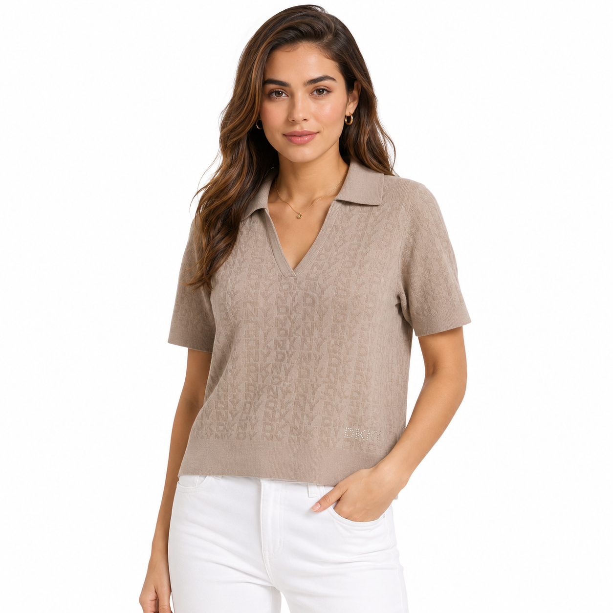 DKNY JEANS Polo sweater in beige with a jacquard design