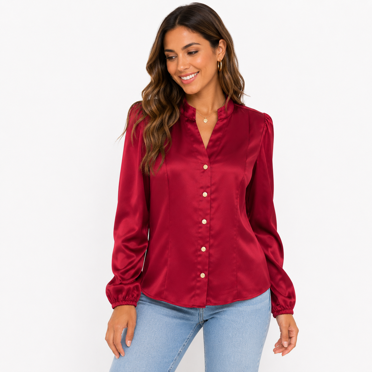 Anne Klein brand satin blouse stands out for its vibrant red color