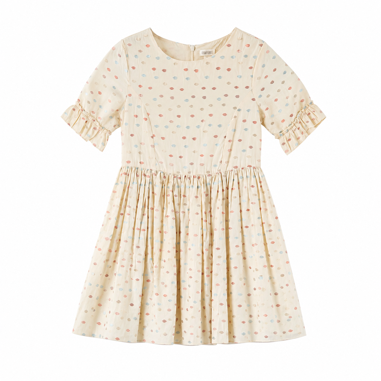 Gymboree dress for girls features a colorful dotted pattern and ruffled short sleeves