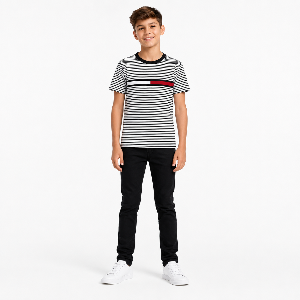 Tommy Hilfiger kids' black and white horizontal striped crewneck t-shirt