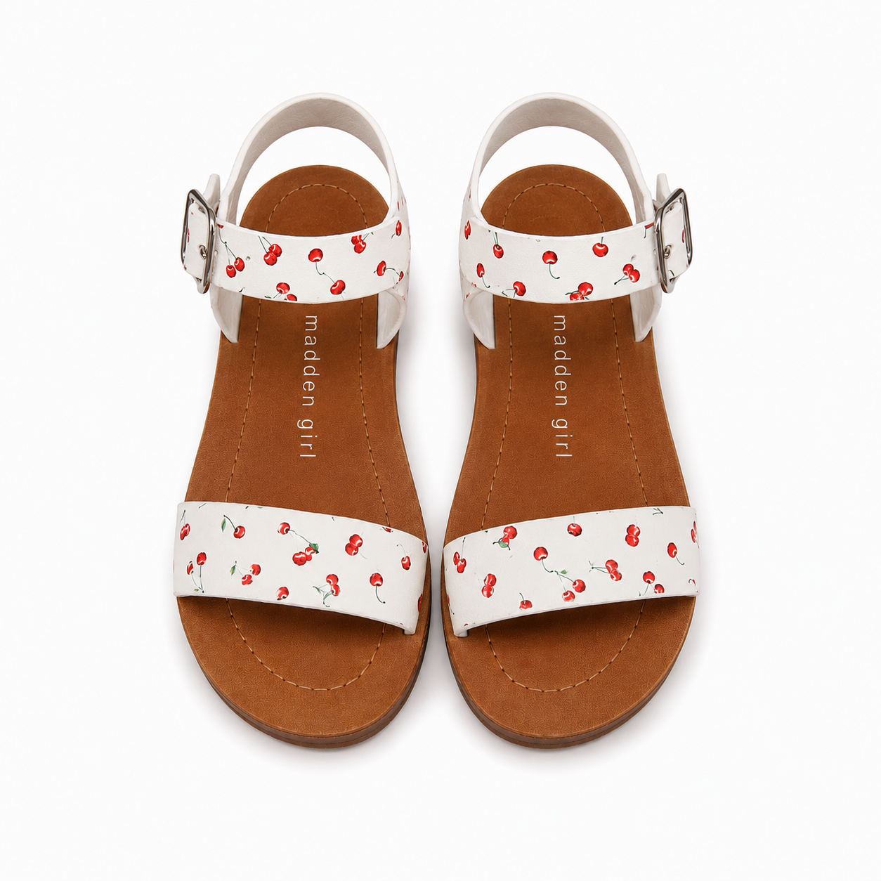 Madden Girl white cherry print sandals and adjustable ankle straps