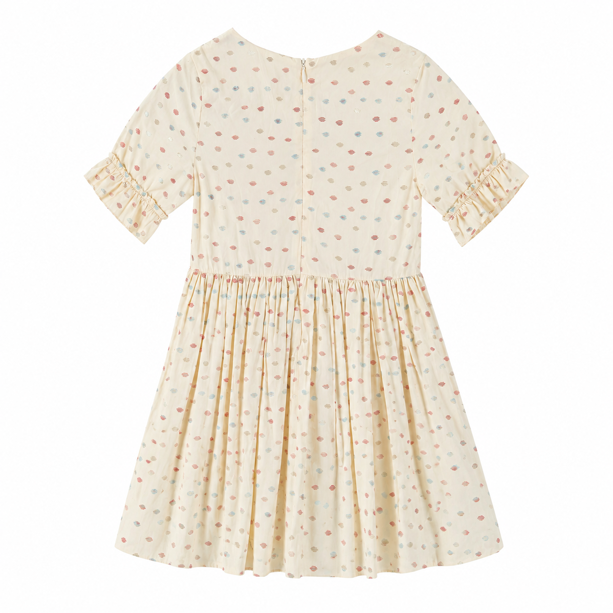 Gymboree dress for girls features a colorful dotted pattern and ruffled short sleeves