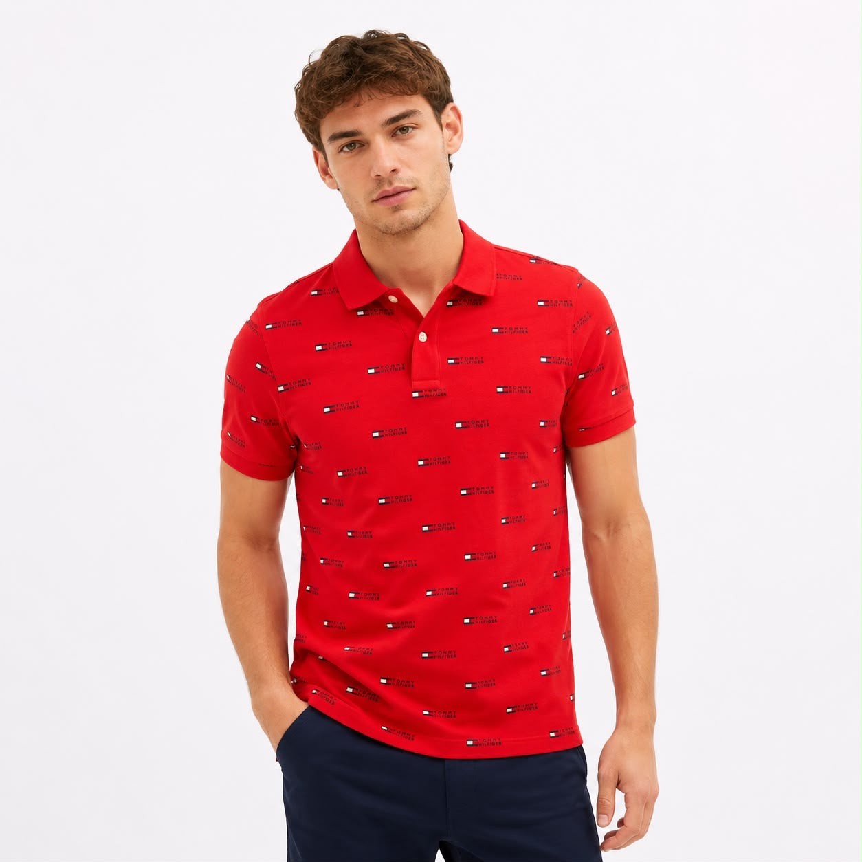 Tommy Hilfiger Kids Blush Red Printed Straight Fit Polo T-Shirt