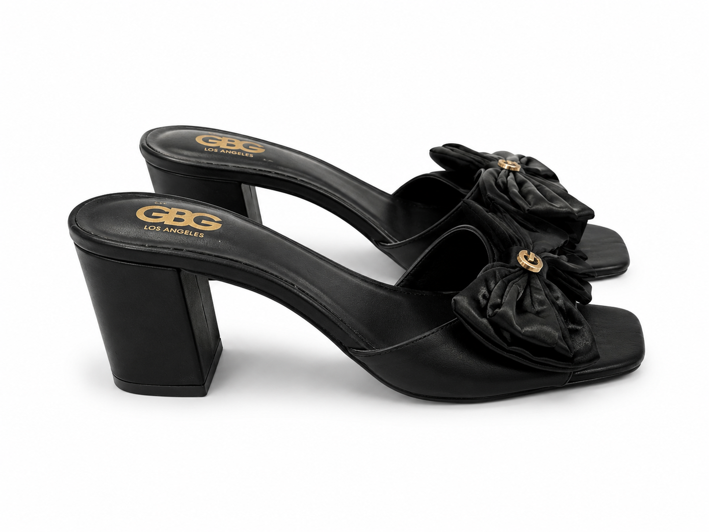 GBG Los Angeles Thick Heeled Bun Detail Black Heel Sandals
