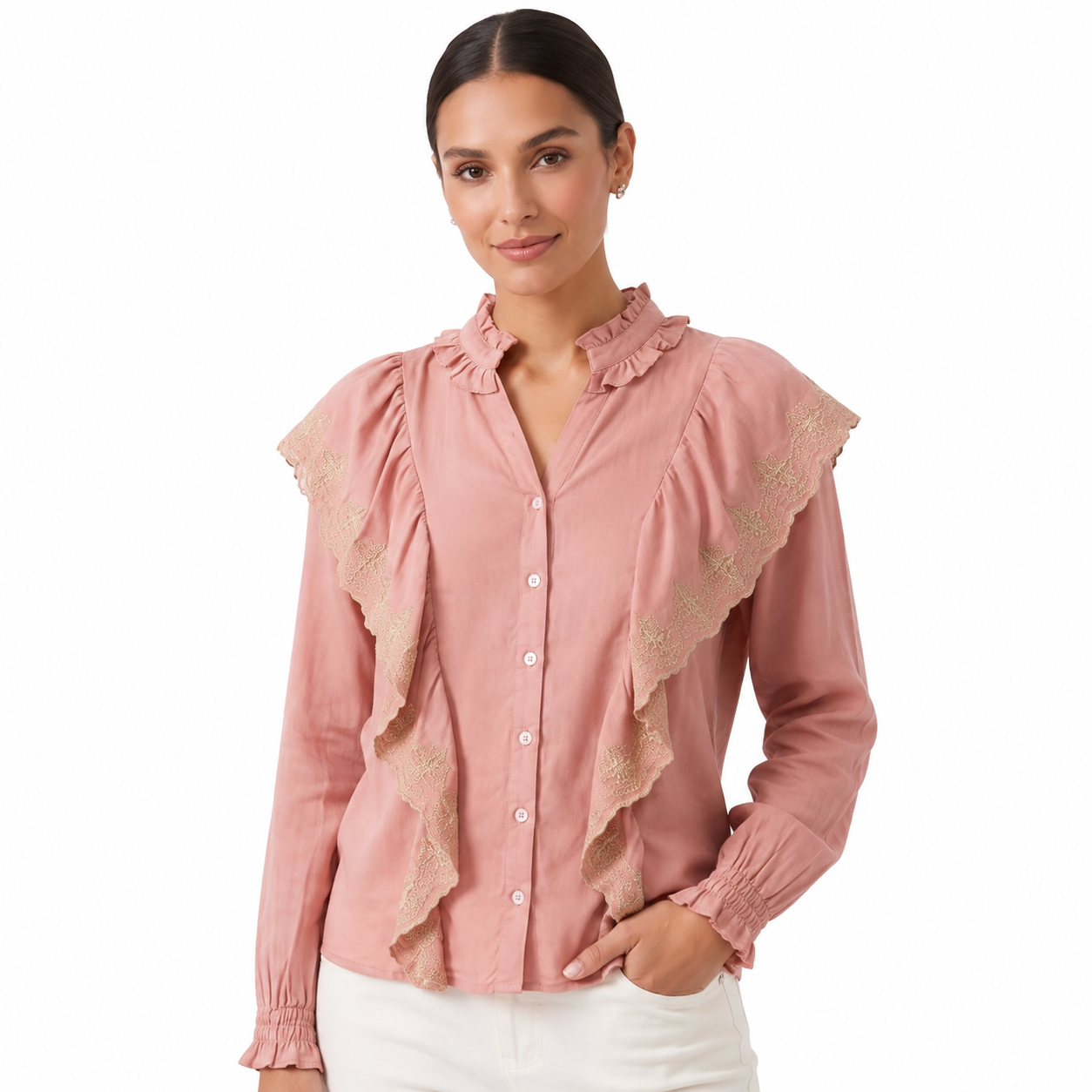 VERSONA-Romantic blouse with ruffles and floral embroidery